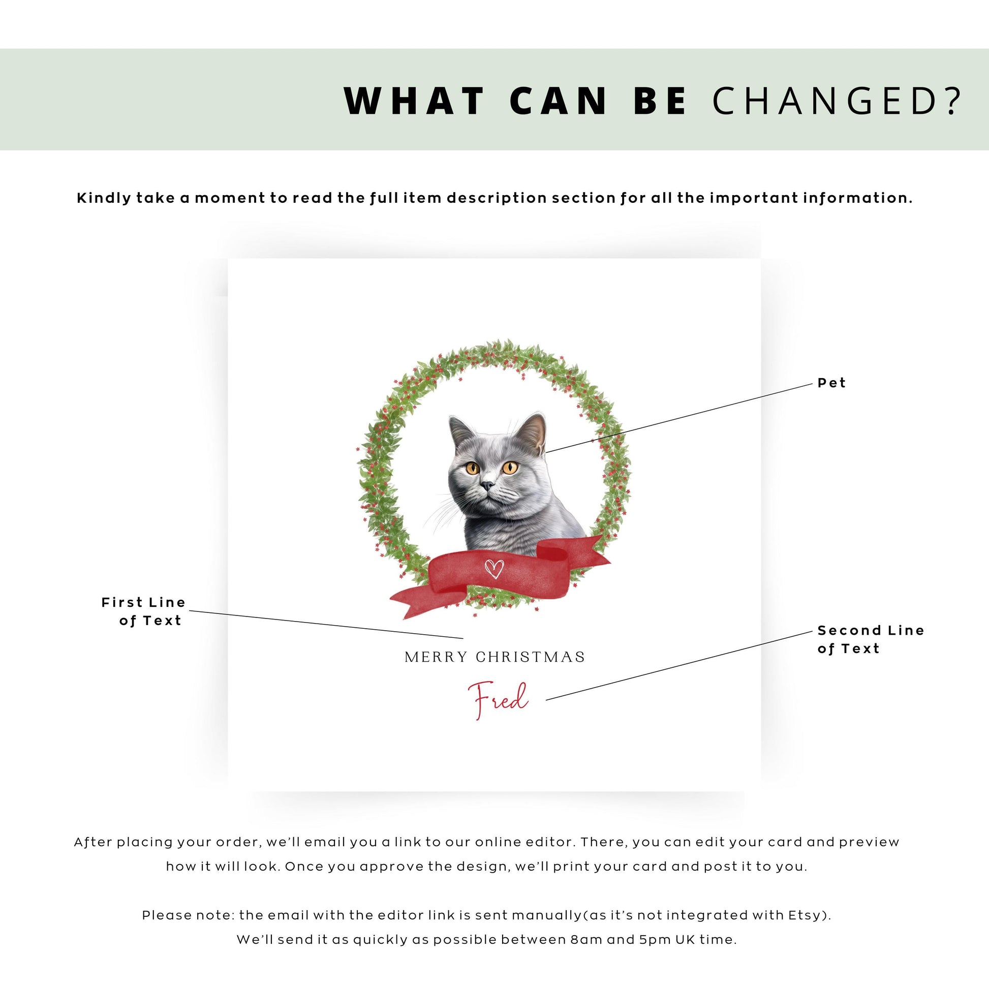Personalised Chartreux cat Christmas card with festive wreath design. Ideal holiday card for Cat Mum, Cat Dad, or a cat sitter.