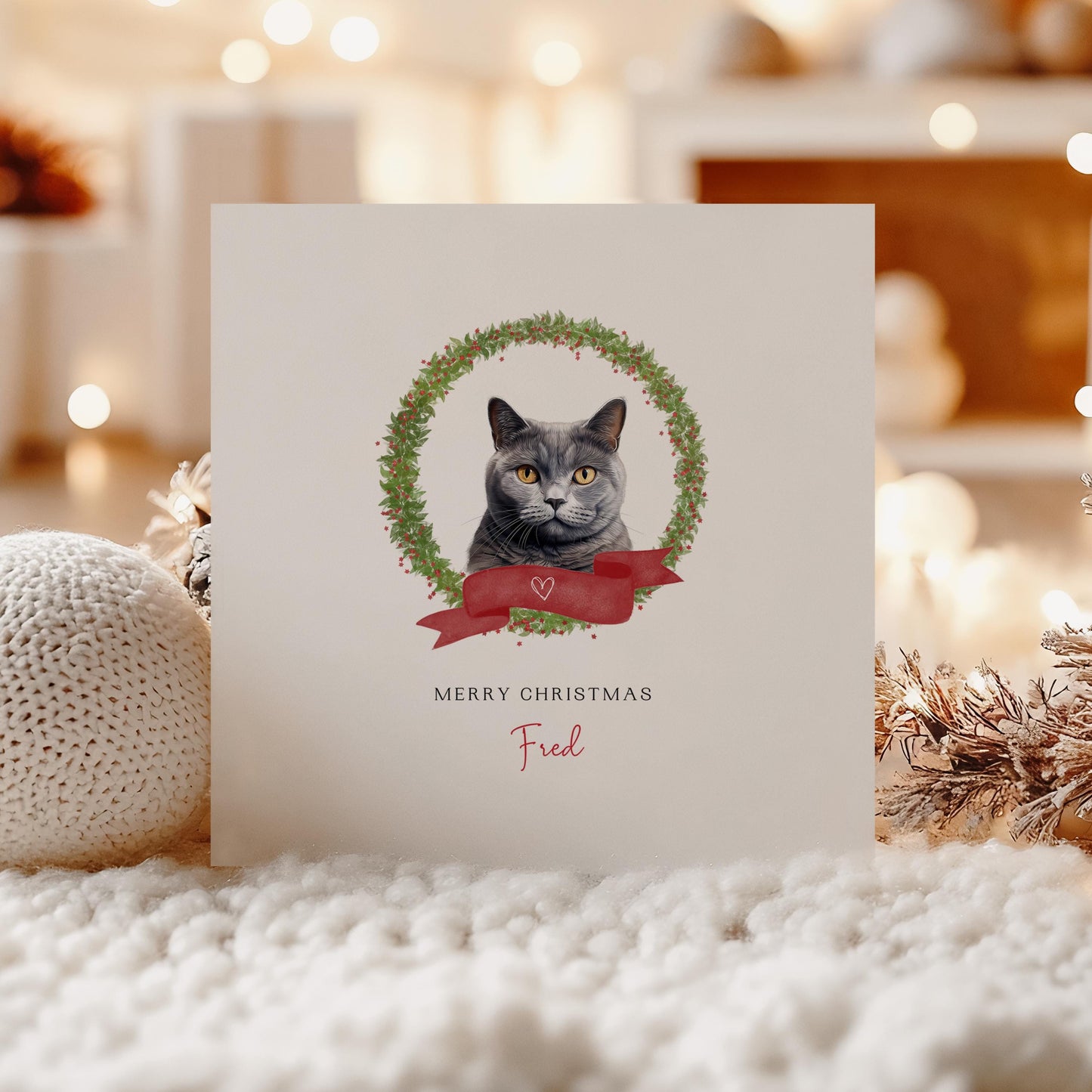 Personalised Chartreux cat Christmas card with festive wreath design. Ideal holiday card for Cat Mum, Cat Dad, or a cat sitter.