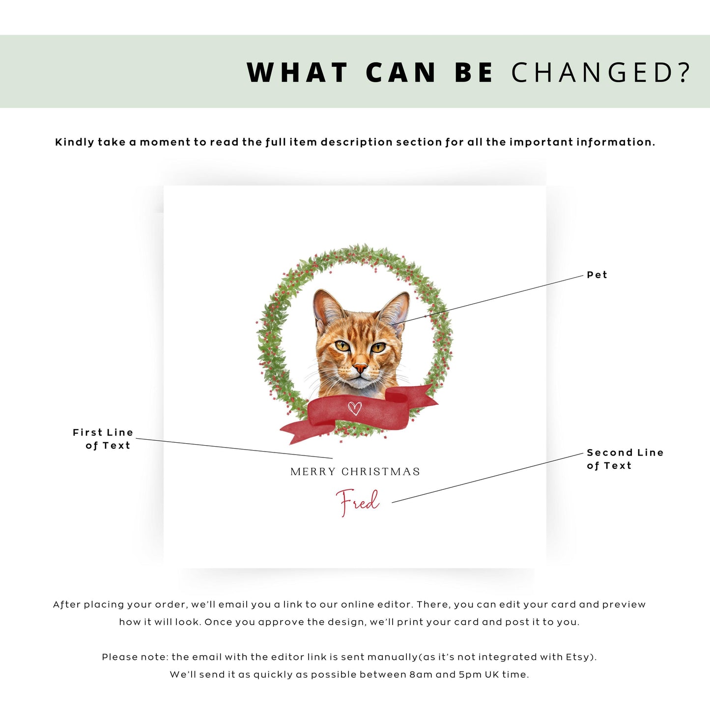 Personalised Chausie cat Christmas card with festive wreath design. Ideal holiday card for Cat Mum, Cat Dad, or a cat sitter.