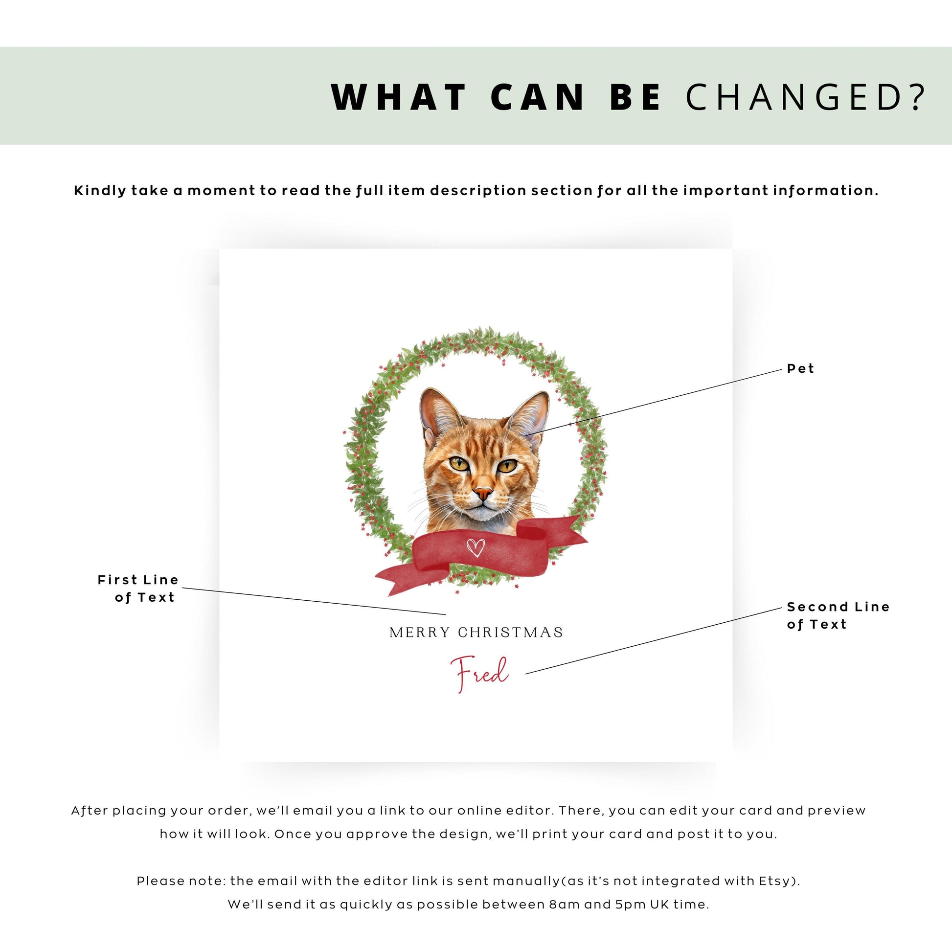 Personalised Chausie cat Christmas card with festive wreath design. Ideal holiday card for Cat Mum, Cat Dad, or a cat sitter.