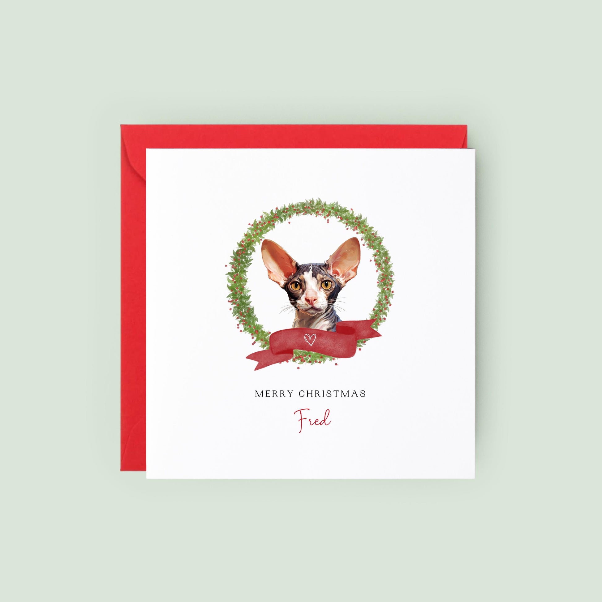 Personalised Cornish Rex cat Christmas card with festive wreath design. Ideal holiday card for Cat Mum, Cat Dad, or a cat sitter.