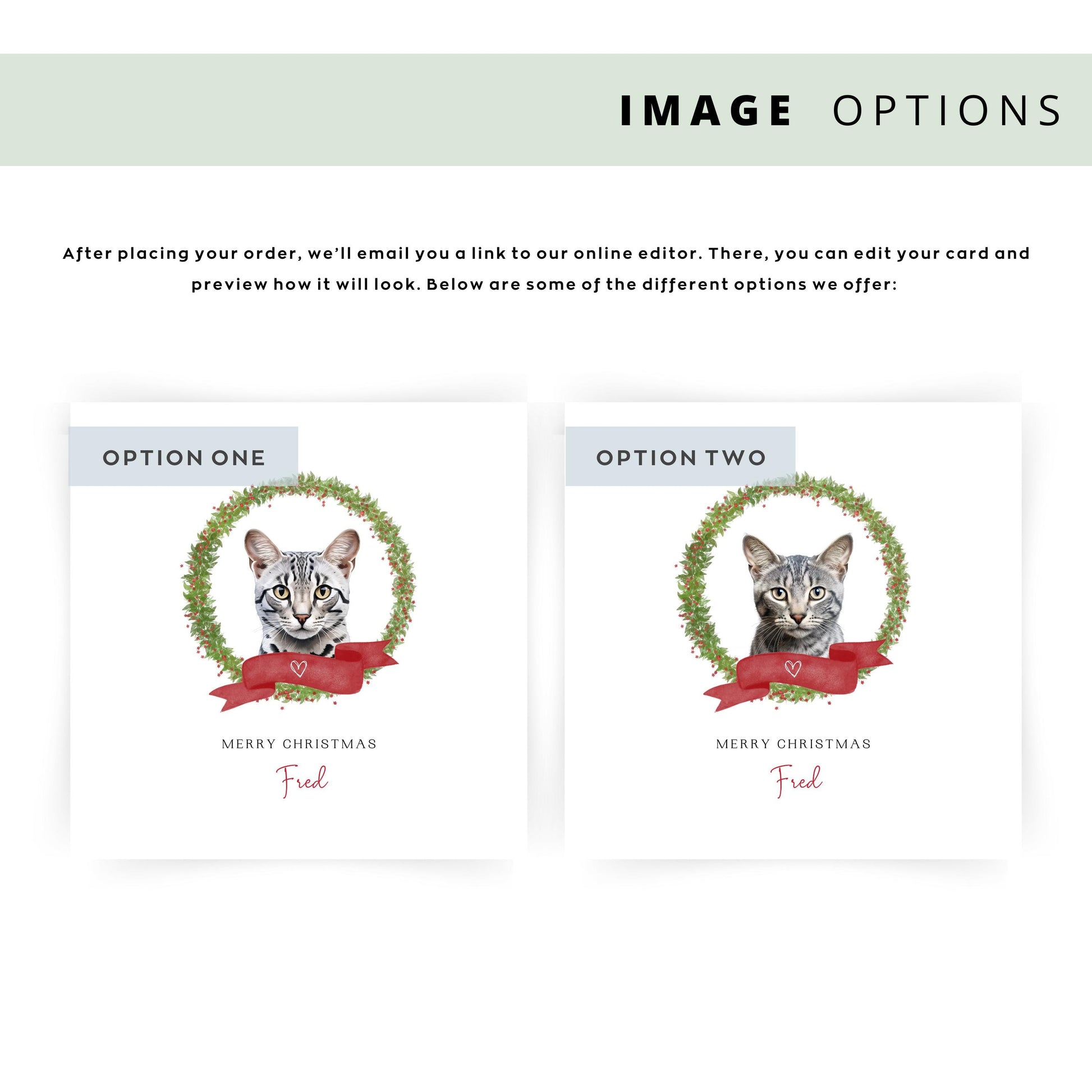 Personalised Egyptian Mau cat Christmas card with festive wreath design. Ideal holiday card for Cat Mum, Cat Dad, or a cat sitter.