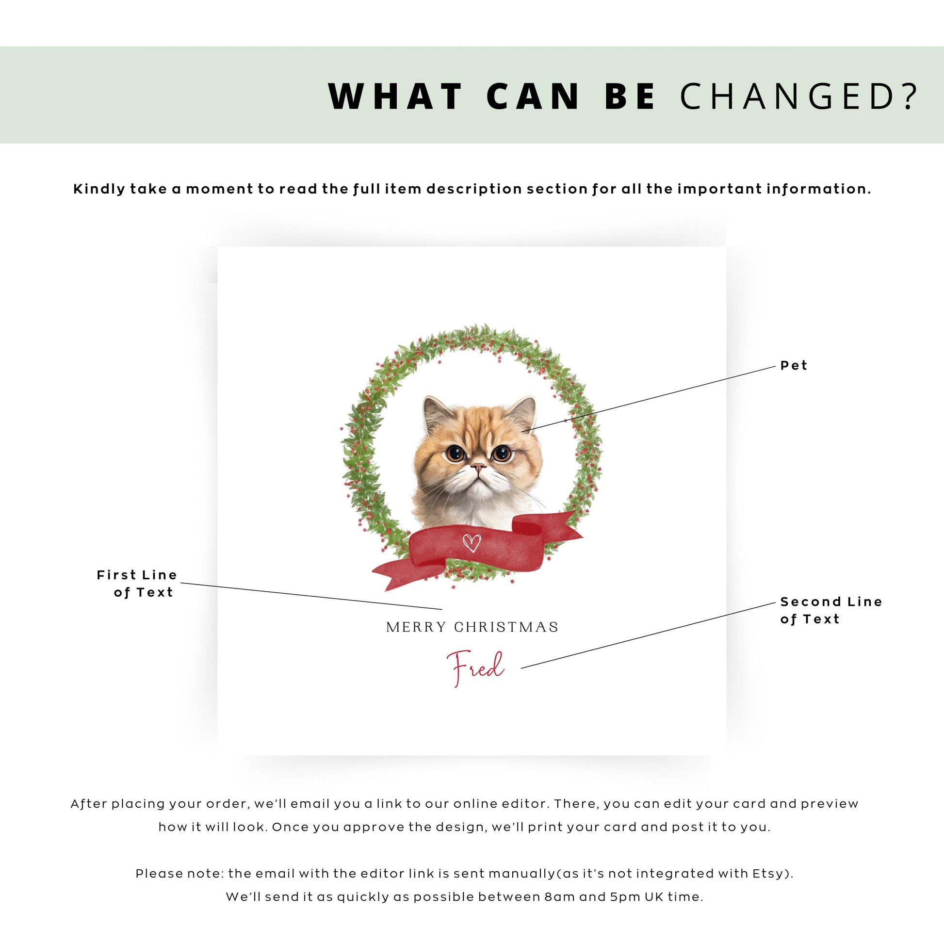 Personalised Exotic Shorthair cat Christmas card with festive wreath design. Ideal holiday card for Cat Mum, Cat Dad, or a cat sitter.