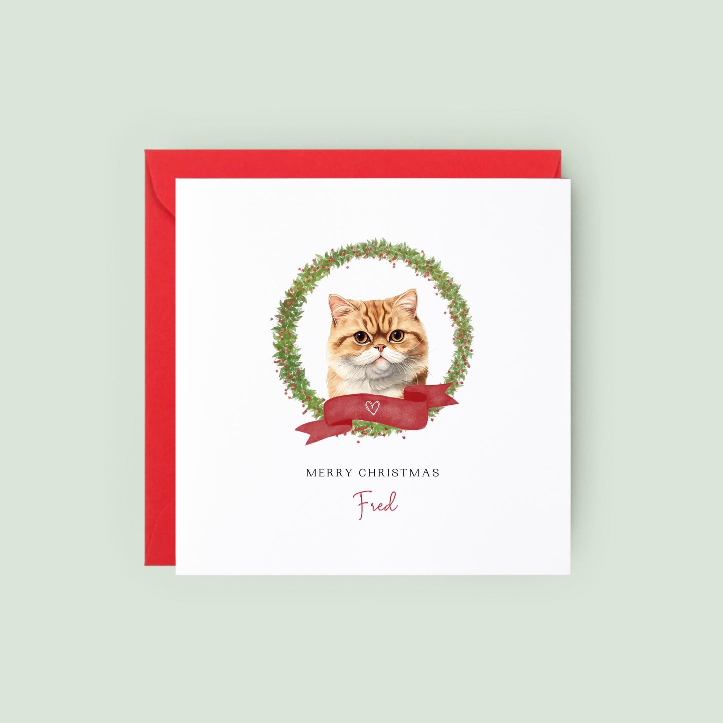 Personalised Exotic Shorthair cat Christmas card with festive wreath design. Ideal holiday card for Cat Mum, Cat Dad, or a cat sitter.