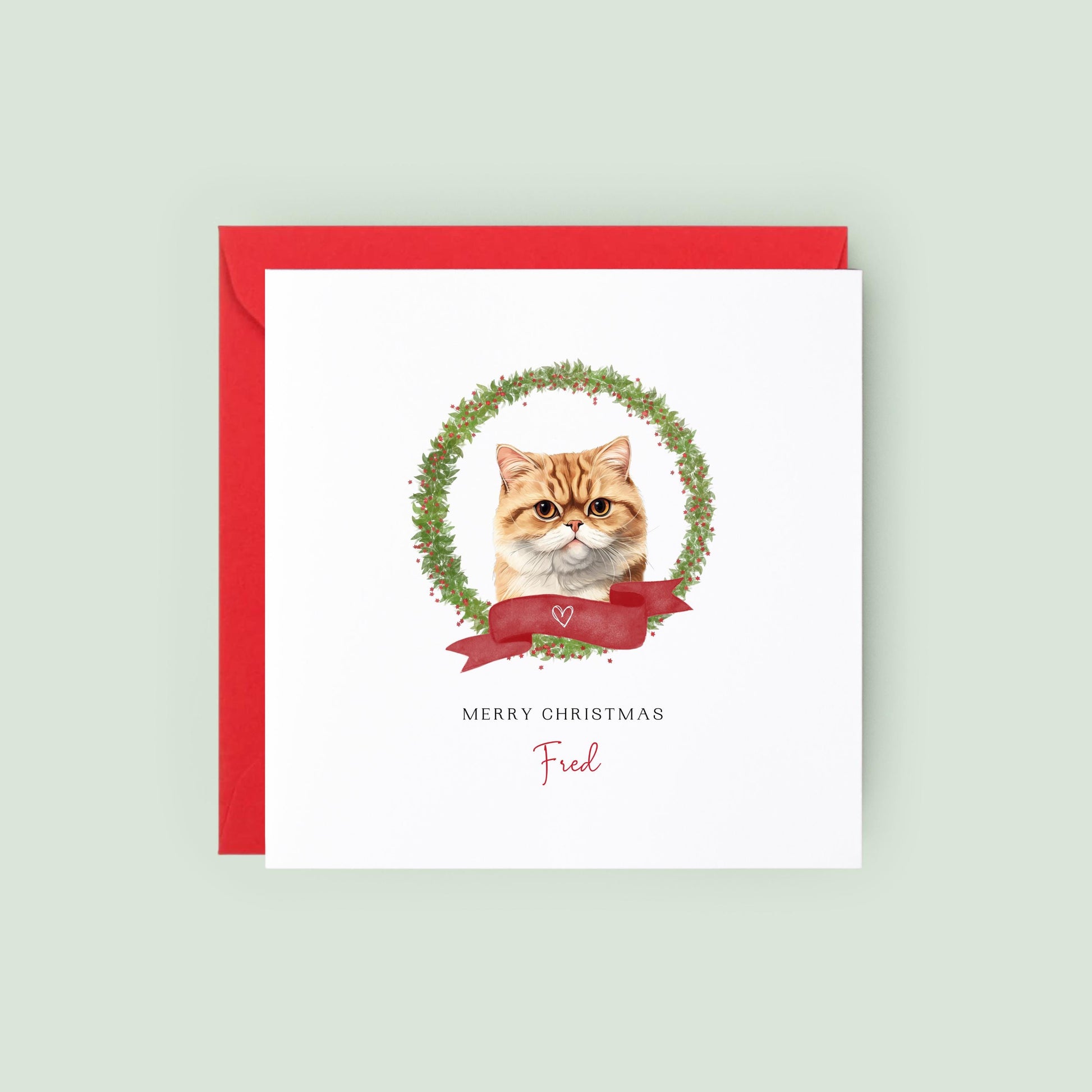 Personalised Exotic Shorthair cat Christmas card with festive wreath design. Ideal holiday card for Cat Mum, Cat Dad, or a cat sitter.