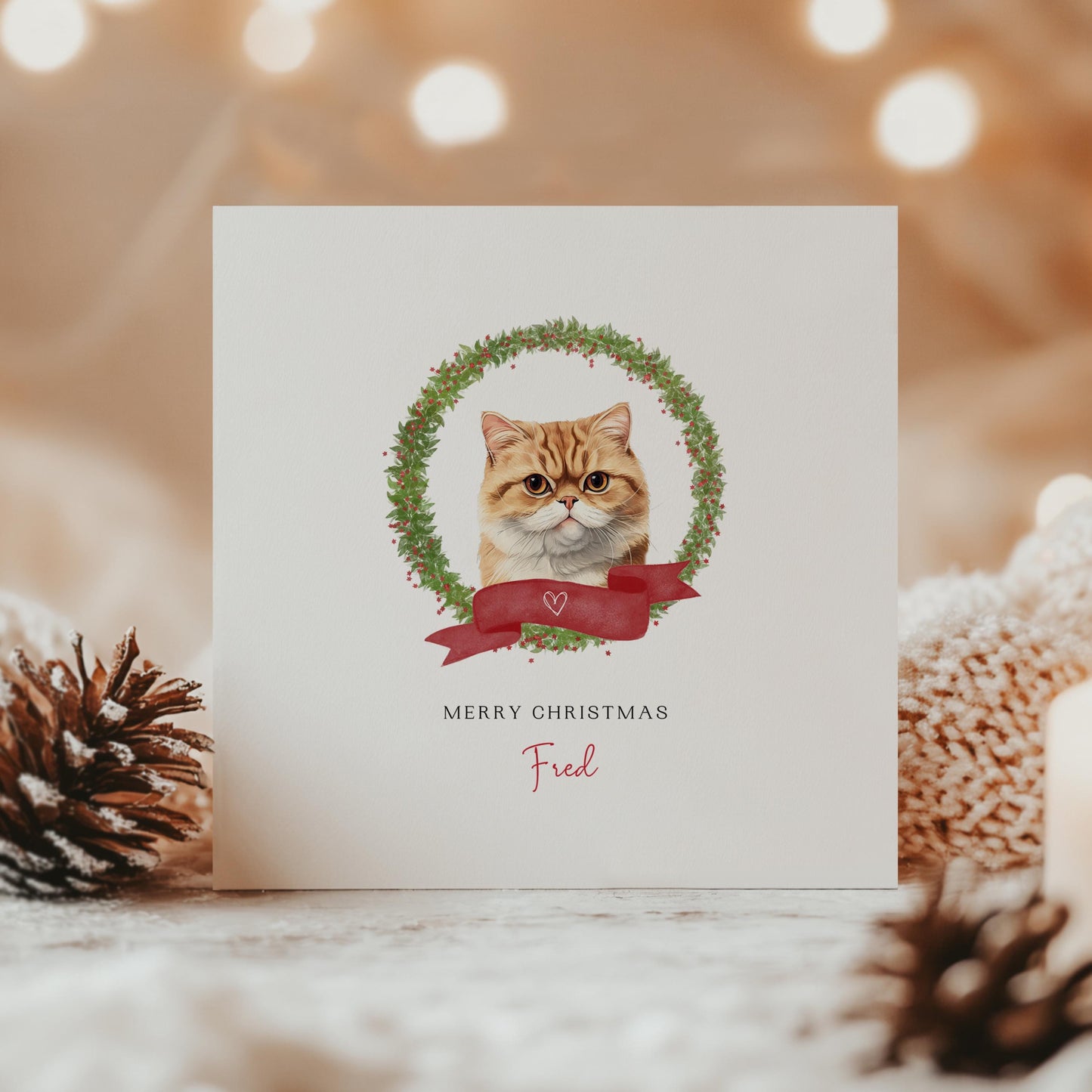 Personalised Exotic Shorthair cat Christmas card with festive wreath design. Ideal holiday card for Cat Mum, Cat Dad, or a cat sitter.