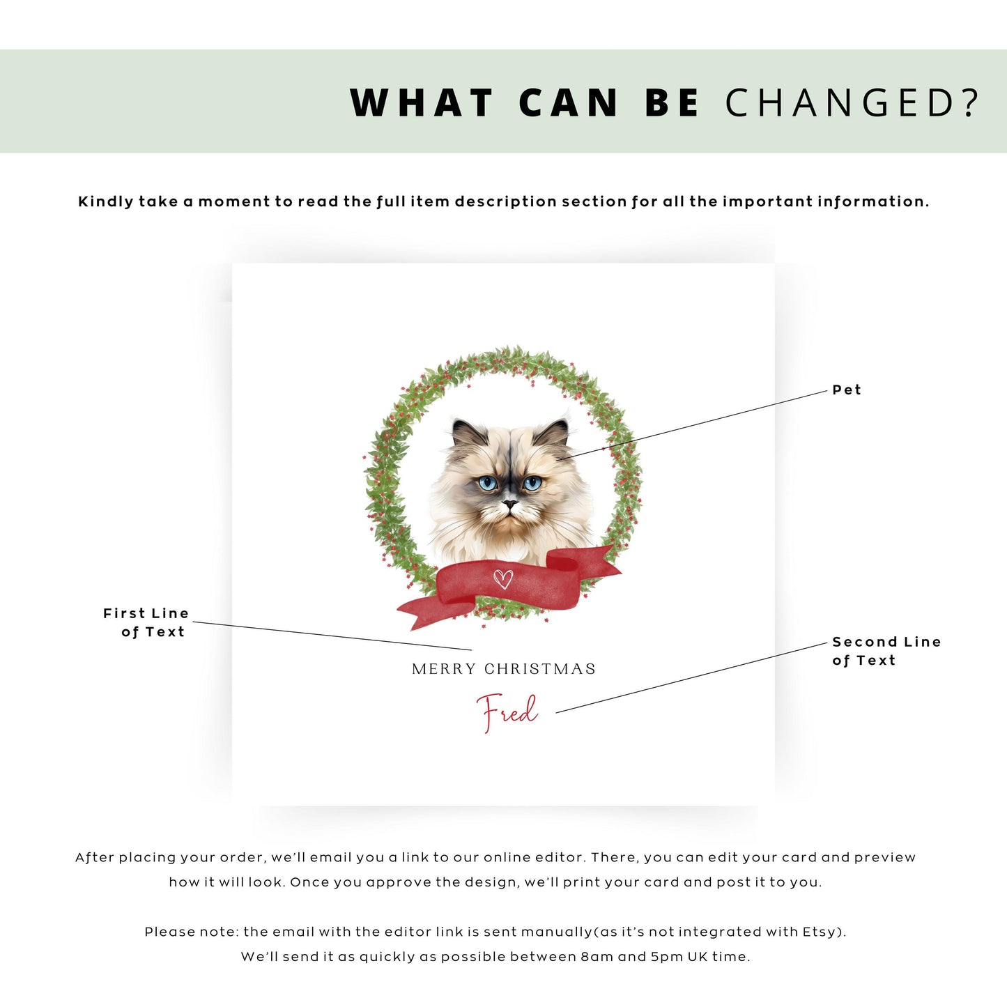 Personalised Himalayan cat Christmas card with festive wreath design. Ideal holiday card for Cat Mum, Cat Dad, or a cat sitter.