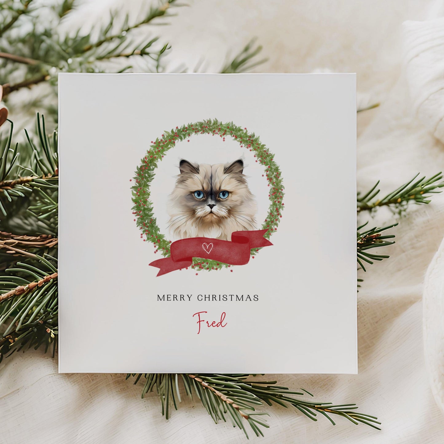 Personalised Himalayan cat Christmas card with festive wreath design. Ideal holiday card for Cat Mum, Cat Dad, or a cat sitter.