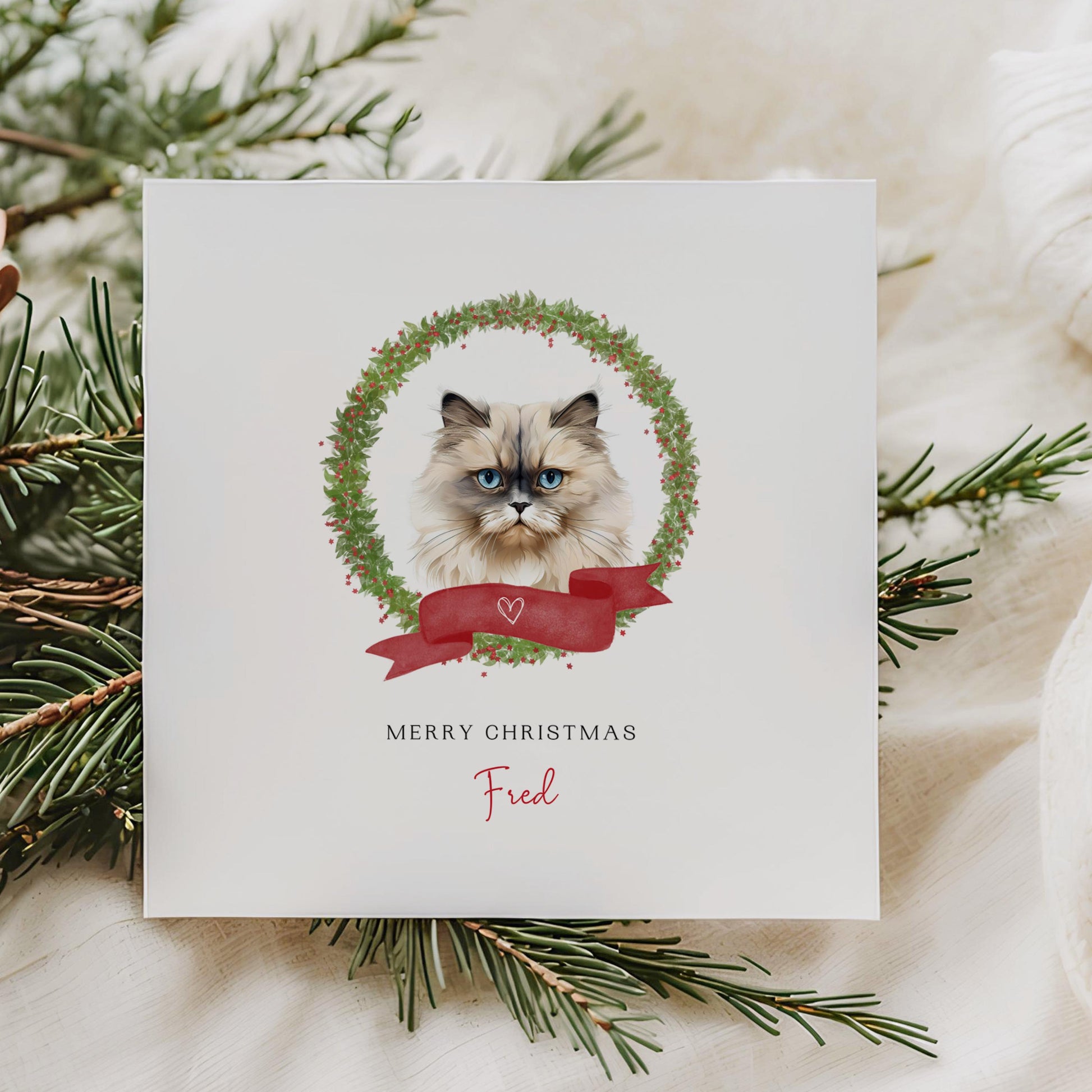 Personalised Himalayan cat Christmas card with festive wreath design. Ideal holiday card for Cat Mum, Cat Dad, or a cat sitter.