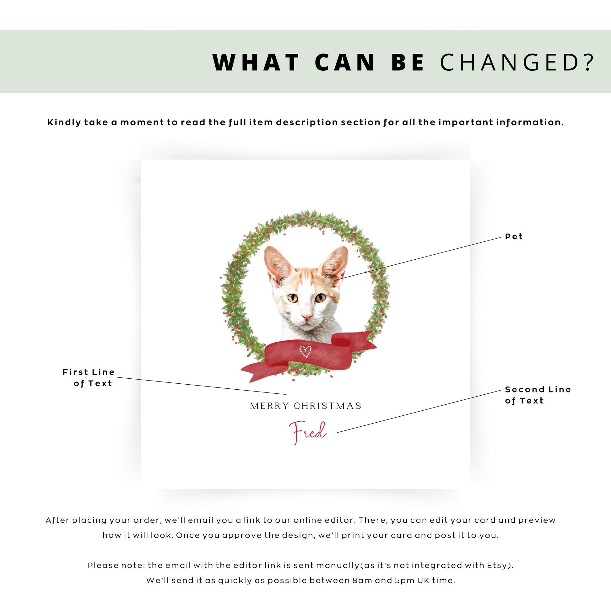 Personalised Japanese Bobtail cat Christmas card with festive wreath design. Ideal holiday card for Cat Mum, Cat Dad, or a cat sitter.