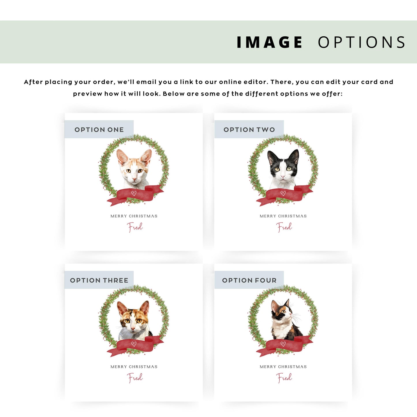 Personalised Japanese Bobtail cat Christmas card with festive wreath design. Ideal holiday card for Cat Mum, Cat Dad, or a cat sitter.