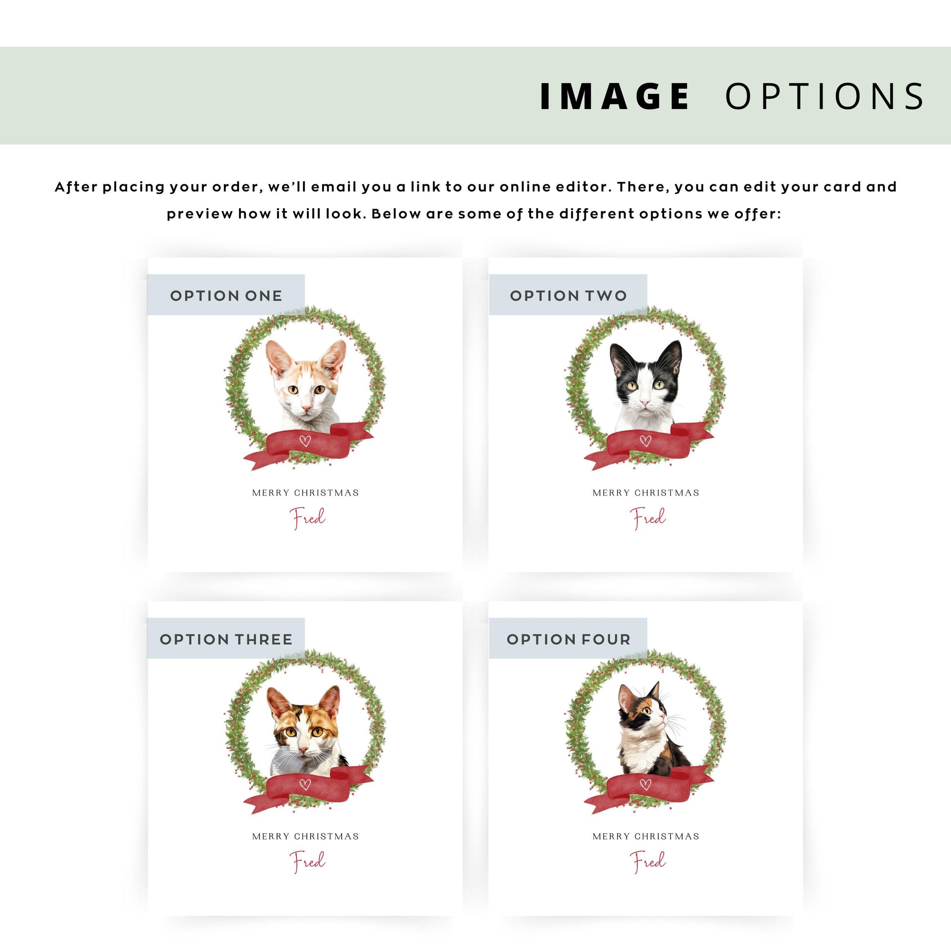 Personalised Japanese Bobtail cat Christmas card with festive wreath design. Ideal holiday card for Cat Mum, Cat Dad, or a cat sitter.