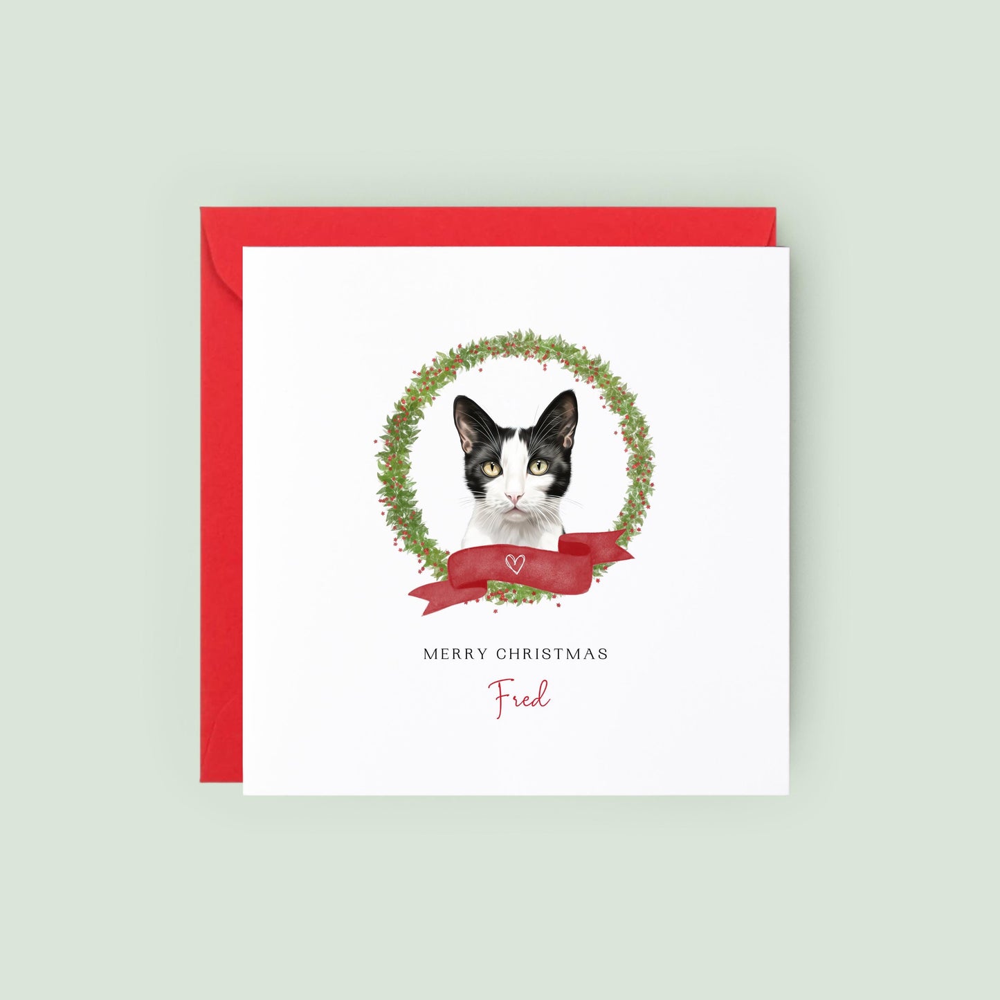 Personalised Japanese Bobtail cat Christmas card with festive wreath design. Ideal holiday card for Cat Mum, Cat Dad, or a cat sitter.