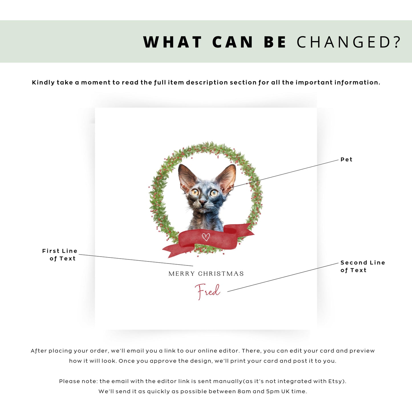 Personalised Lykoi cat Christmas card with festive wreath design. Ideal holiday card for Cat Mum, Cat Dad, or a cat sitter.