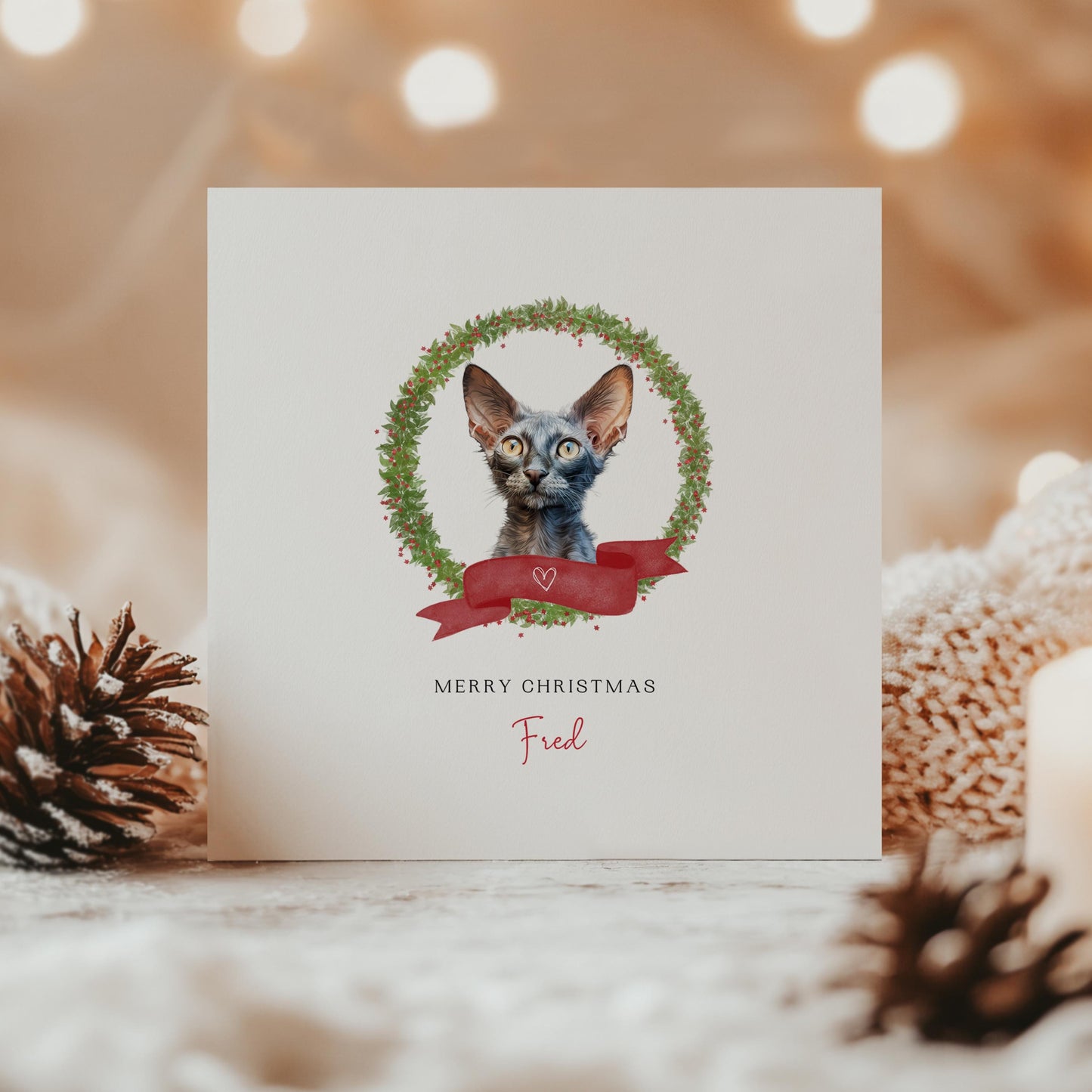 Personalised Lykoi cat Christmas card with festive wreath design. Ideal holiday card for Cat Mum, Cat Dad, or a cat sitter.