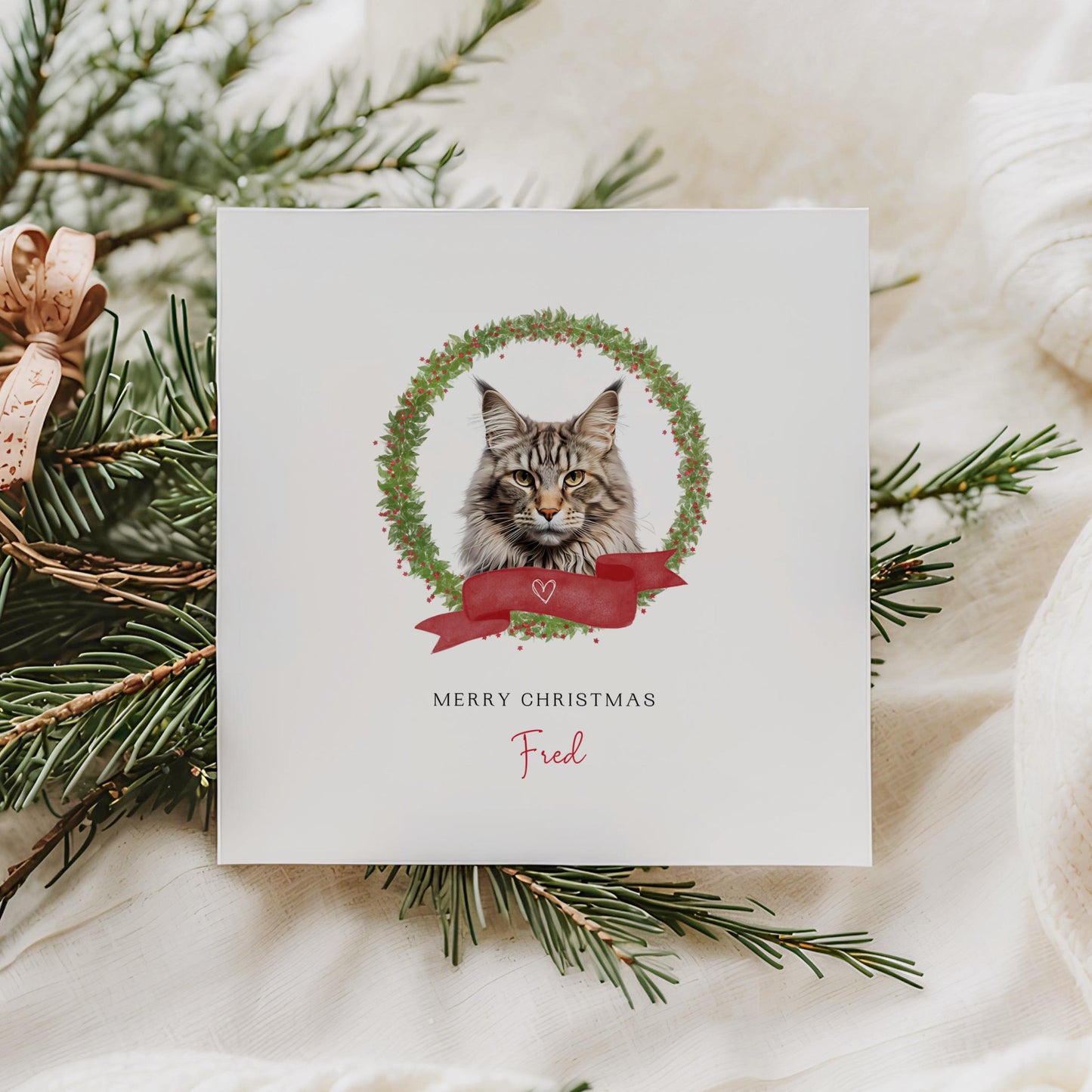 Personalised Maine Coon cat Christmas card with festive wreath design. Ideal holiday card for Cat Mum, Cat Dad, or a cat sitter.