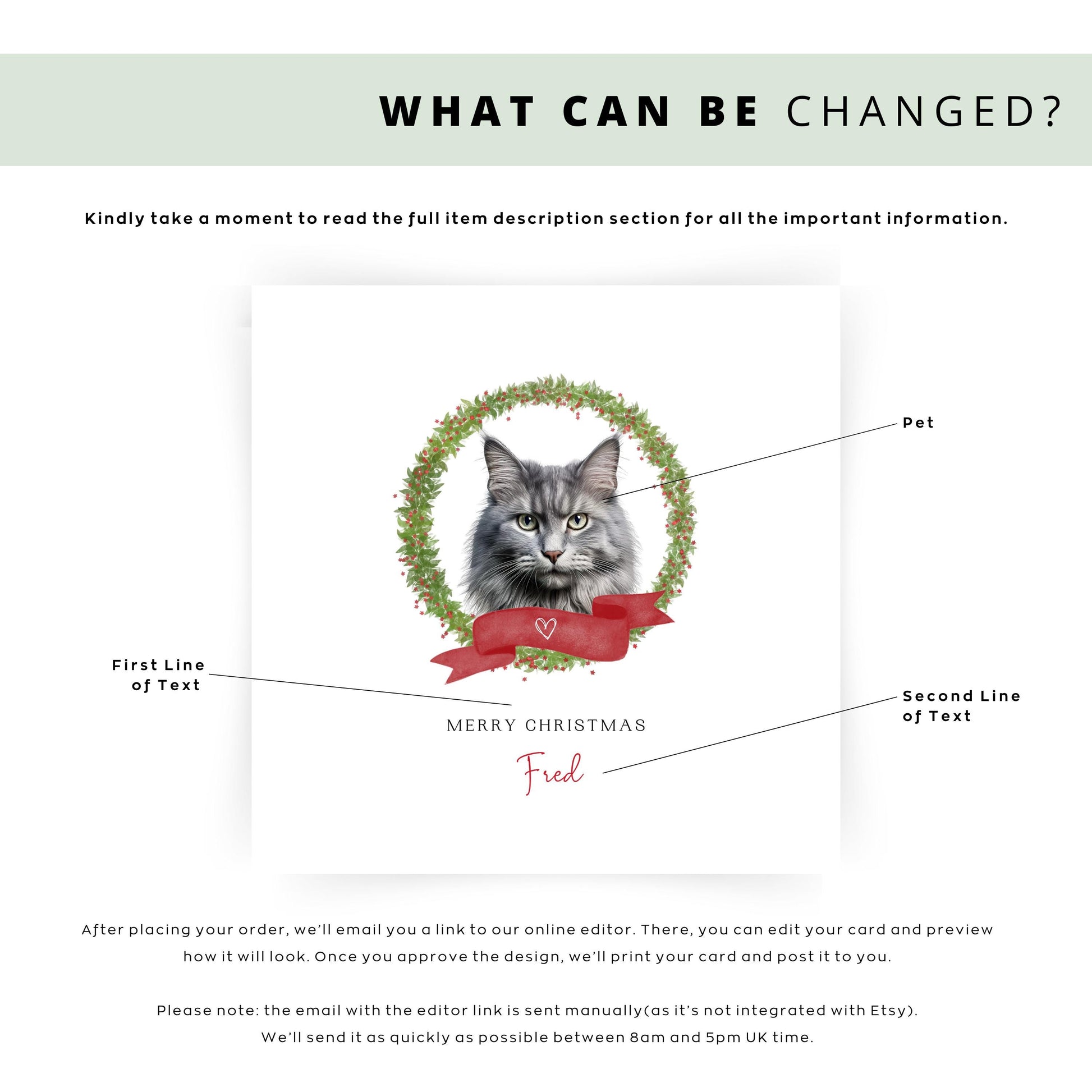 Personalised Nebelung cat Christmas card with festive wreath design. Ideal holiday card for Cat Mum, Cat Dad, or a cat sitter.