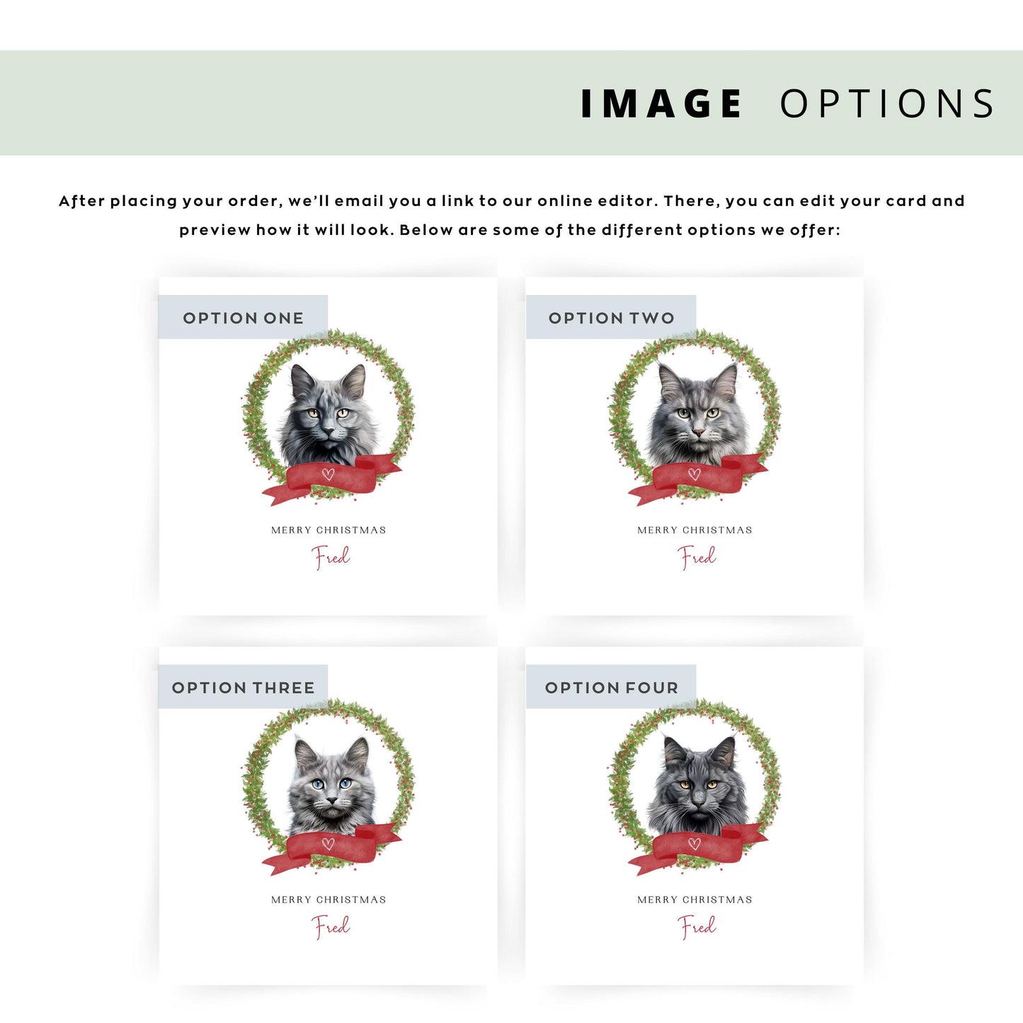 Personalised Nebelung cat Christmas card with festive wreath design. Ideal holiday card for Cat Mum, Cat Dad, or a cat sitter.