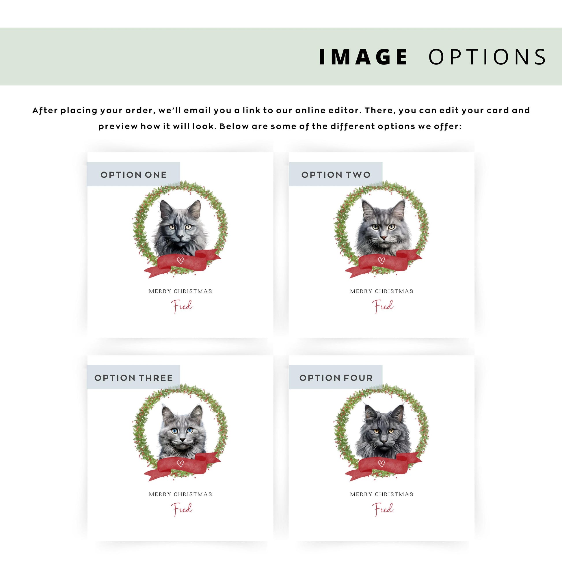 Personalised Nebelung cat Christmas card with festive wreath design. Ideal holiday card for Cat Mum, Cat Dad, or a cat sitter.