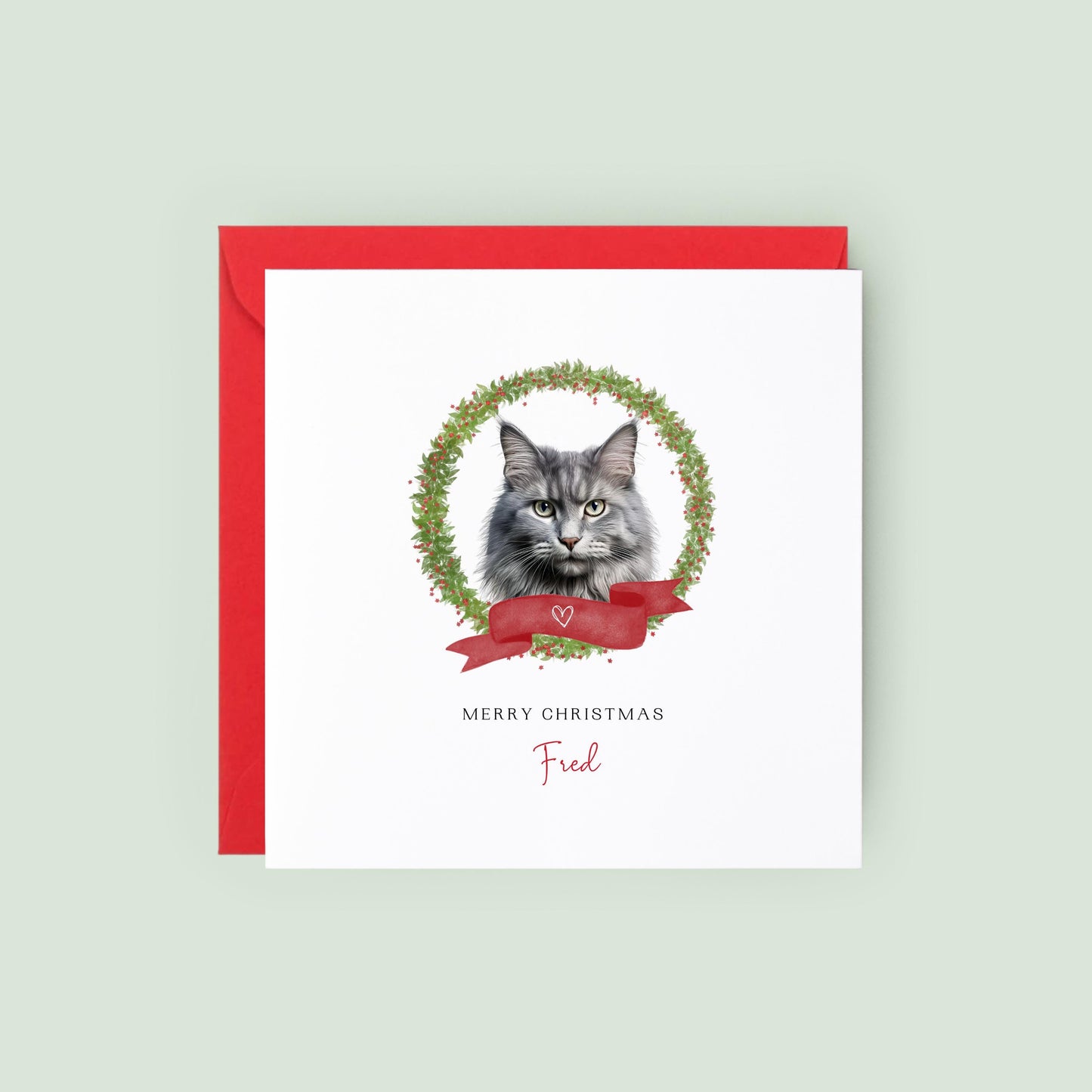 Personalised Nebelung cat Christmas card with festive wreath design. Ideal holiday card for Cat Mum, Cat Dad, or a cat sitter.