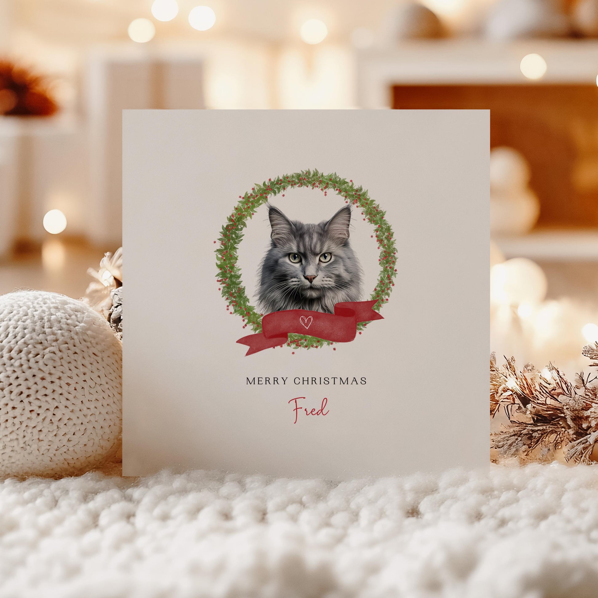 Personalised Nebelung cat Christmas card with festive wreath design. Ideal holiday card for Cat Mum, Cat Dad, or a cat sitter.