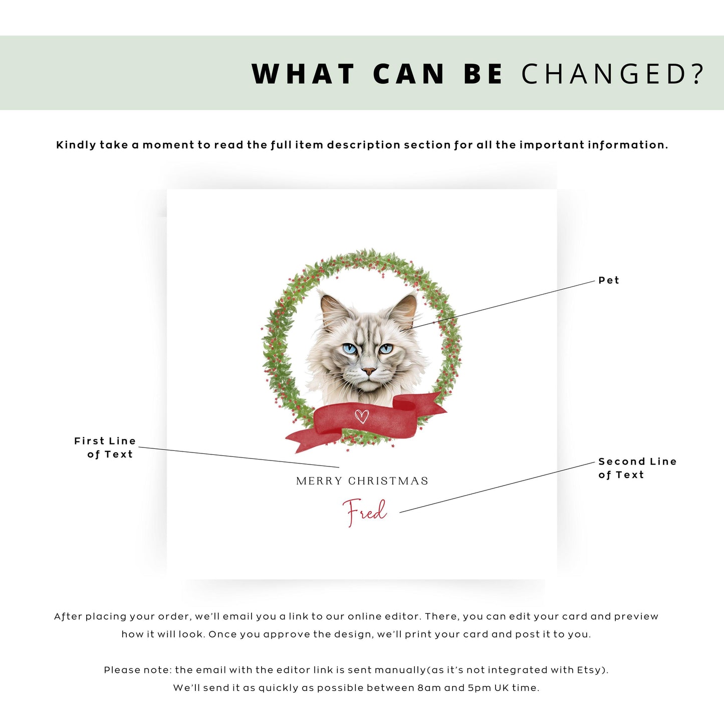 Personalised Neva Masquerade cat Christmas card with festive wreath design. Ideal holiday card for Cat Mum, Cat Dad, or a cat sitter.