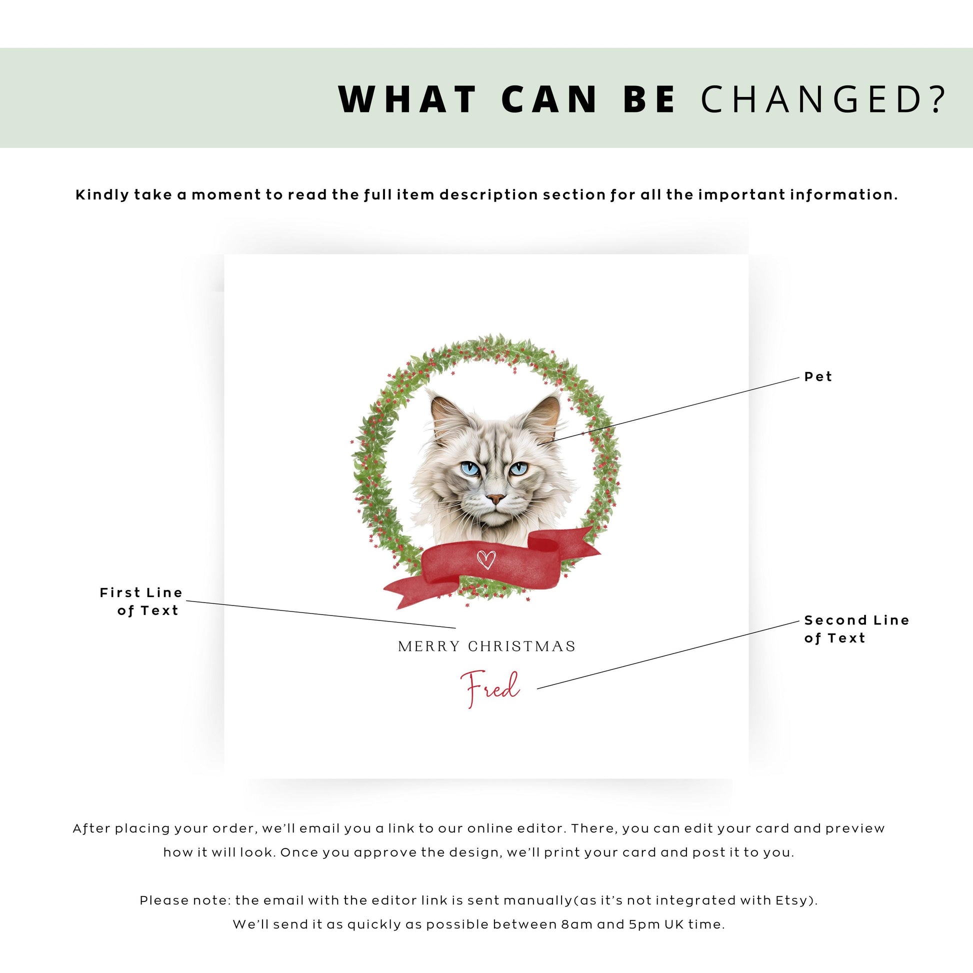 Personalised Neva Masquerade cat Christmas card with festive wreath design. Ideal holiday card for Cat Mum, Cat Dad, or a cat sitter.