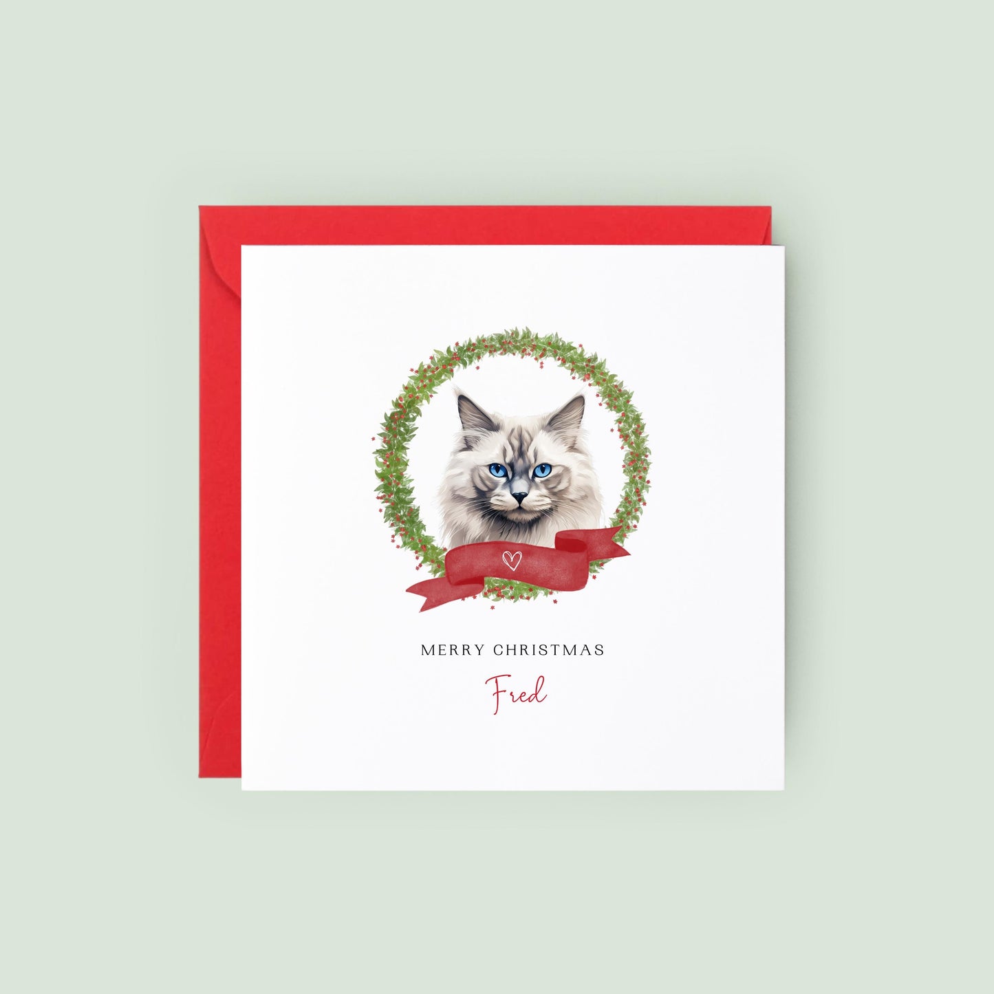 Personalised Neva Masquerade cat Christmas card with festive wreath design. Ideal holiday card for Cat Mum, Cat Dad, or a cat sitter.