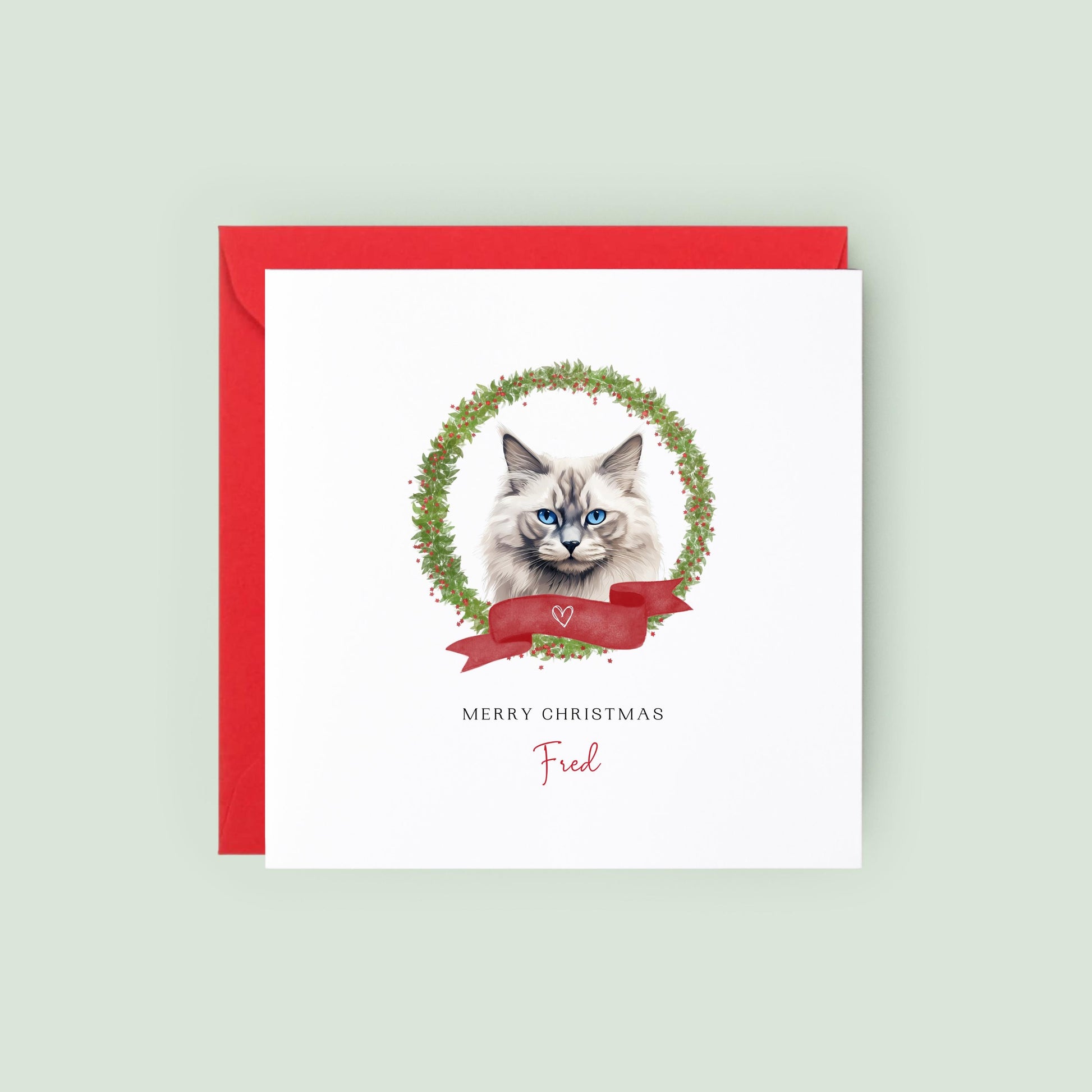 Personalised Neva Masquerade cat Christmas card with festive wreath design. Ideal holiday card for Cat Mum, Cat Dad, or a cat sitter.