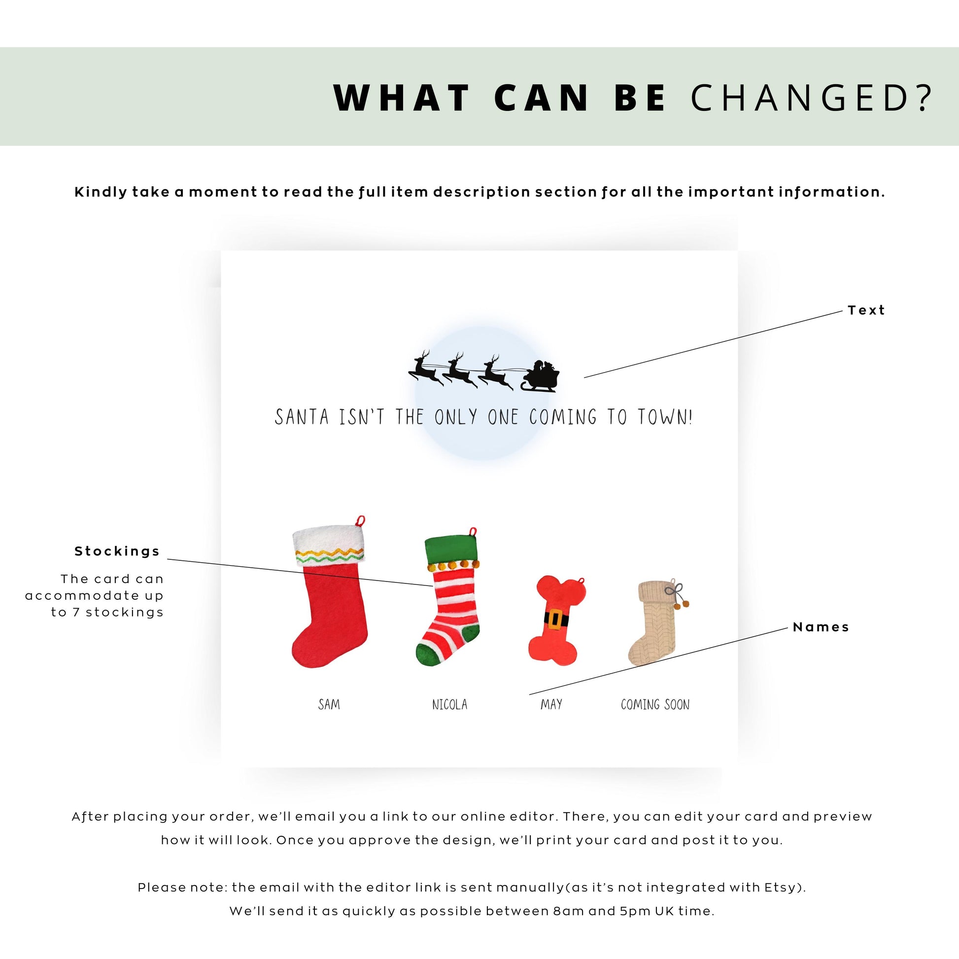 Personalised Christmas pregnancy announcement card with festive stockings and “Santa isn’t the only one coming to town” text, ideal for sharing baby news.