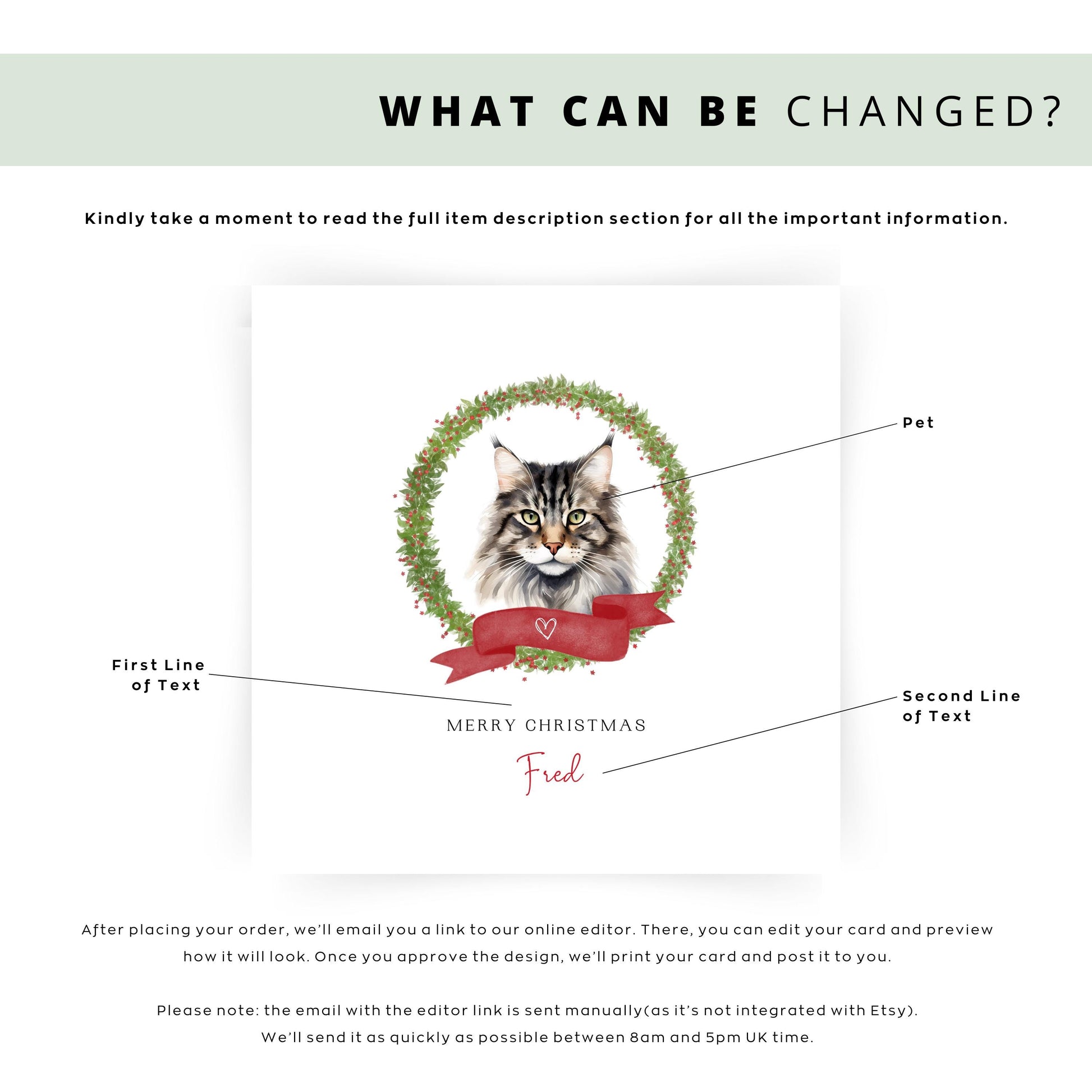 Personalised Norwegian Forest cat Christmas card with festive wreath design. Ideal holiday card for Cat Mum, Cat Dad, or a cat sitter.