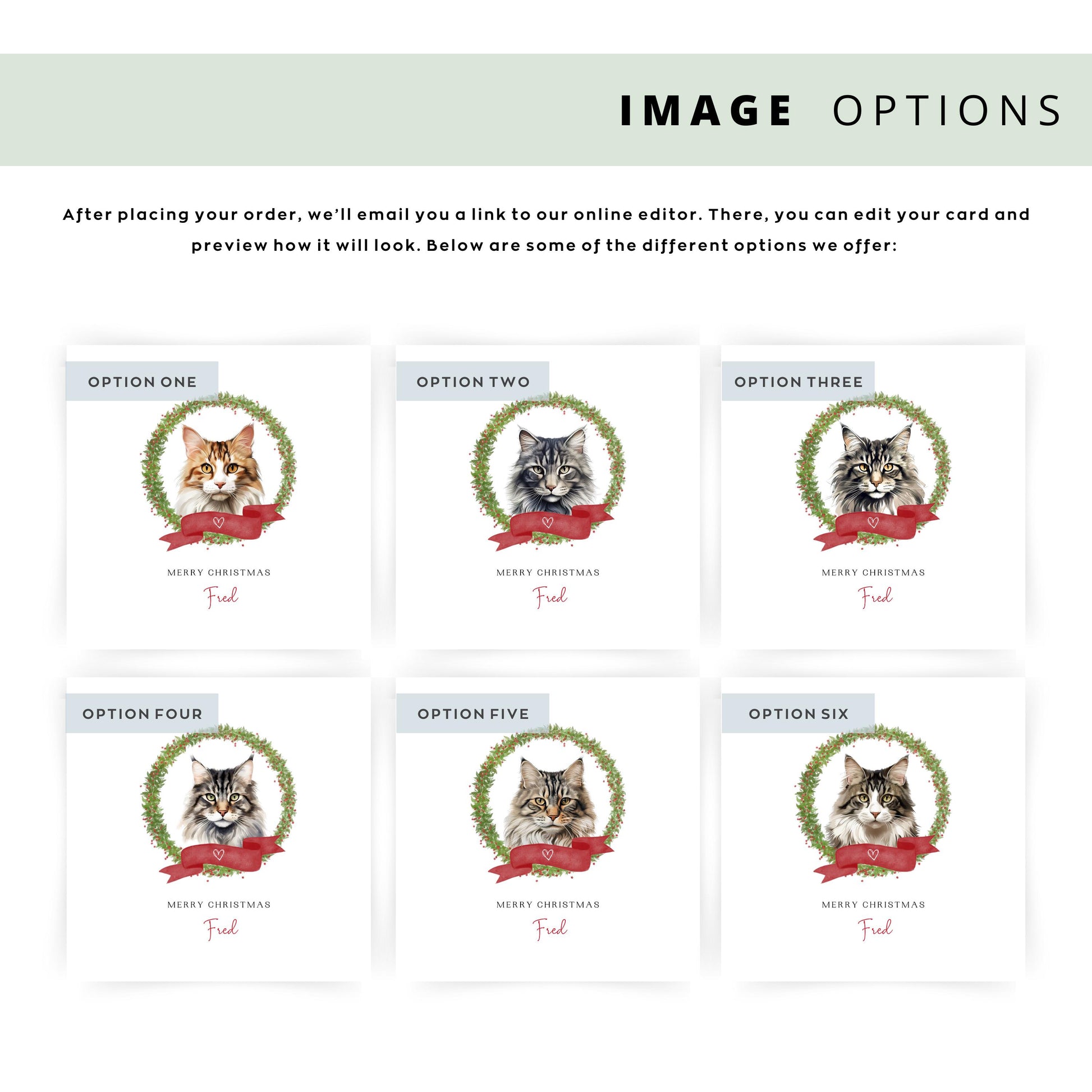 Personalised Norwegian Forest cat Christmas card with festive wreath design. Ideal holiday card for Cat Mum, Cat Dad, or a cat sitter.