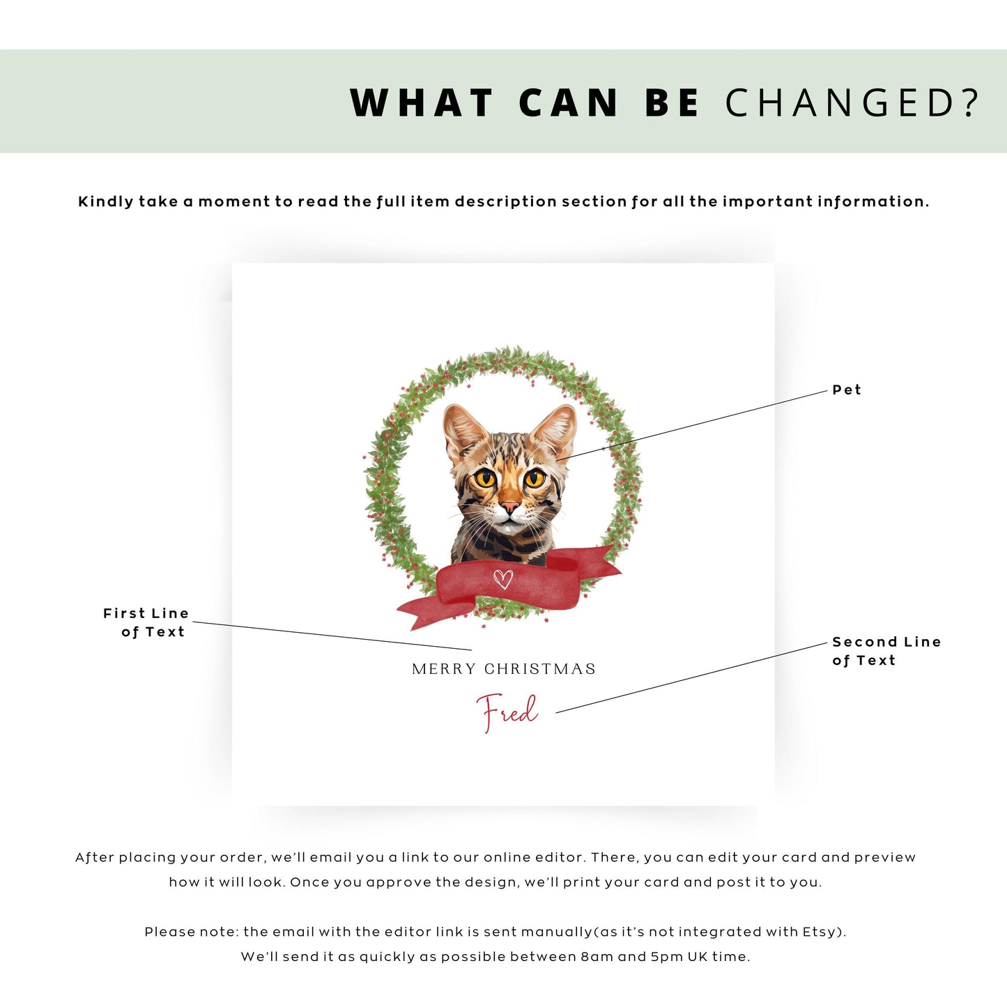 Personalised Ocicat cat Christmas card with festive wreath design. Ideal holiday card for Cat Mum, Cat Dad, or a cat sitter.