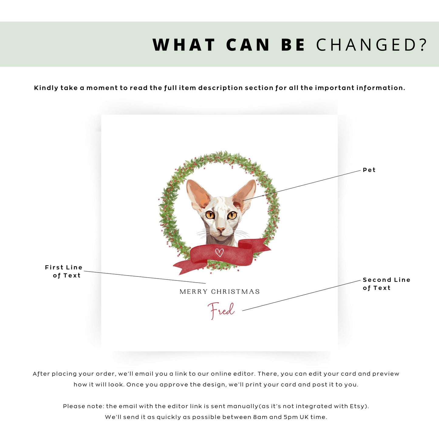 Personalised Oriental Shorthair cat Christmas card with festive wreath design. Ideal holiday card for Cat Mum, Cat Dad, or a cat sitter.