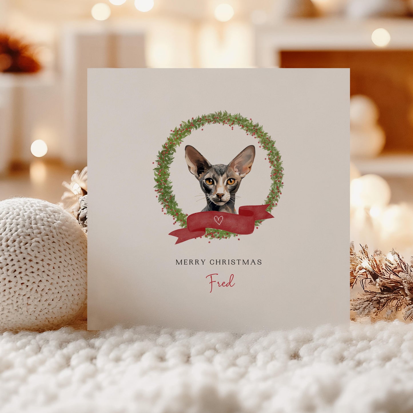 Personalised Oriental Shorthair cat Christmas card with festive wreath design. Ideal holiday card for Cat Mum, Cat Dad, or a cat sitter.
