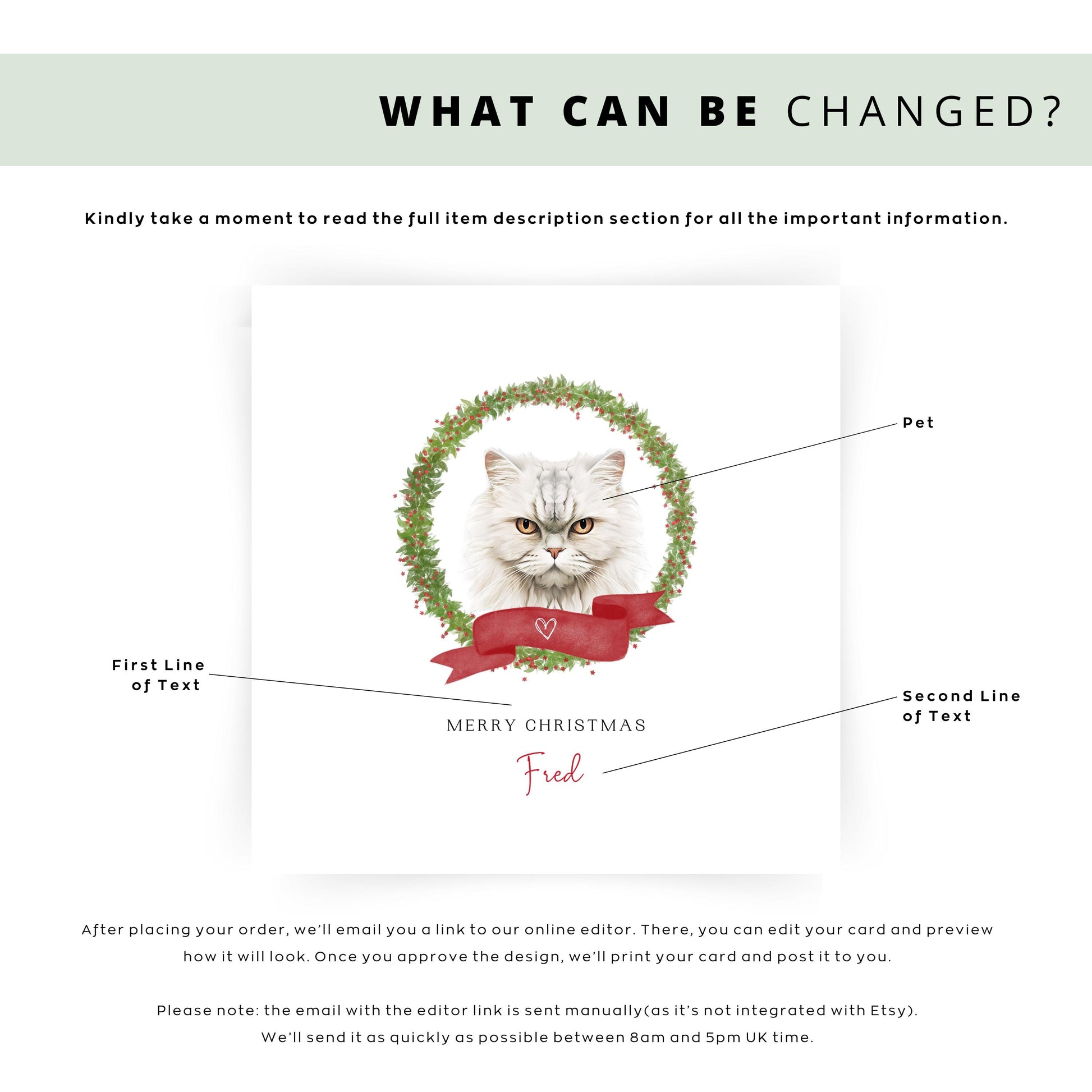 Personalised Persian cat Christmas card with festive wreath design. Ideal holiday card for Cat Mum, Cat Dad, or a cat sitter.