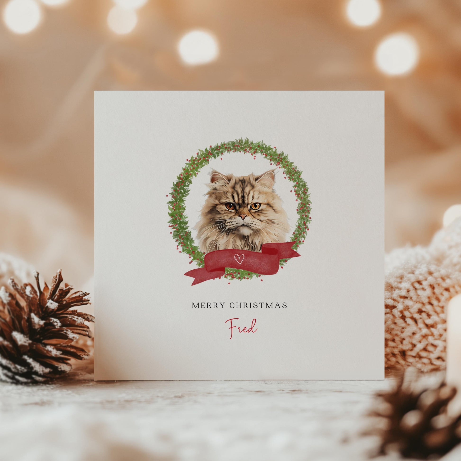 Personalised Persian cat Christmas card with festive wreath design. Ideal holiday card for Cat Mum, Cat Dad, or a cat sitter.