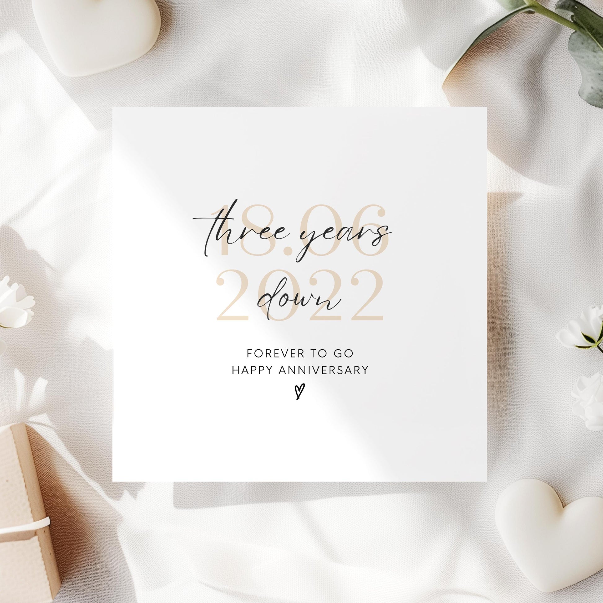 Three year anniversary card with “Three years down forever to go” quote