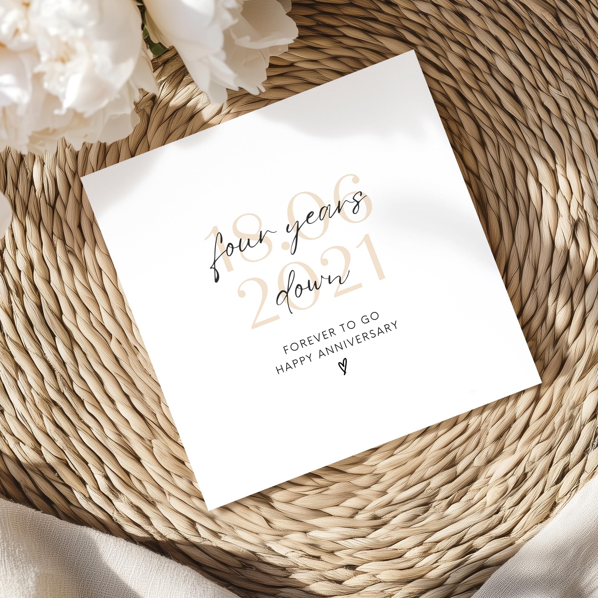 Four year anniversary card with “Four years down forever to go” text