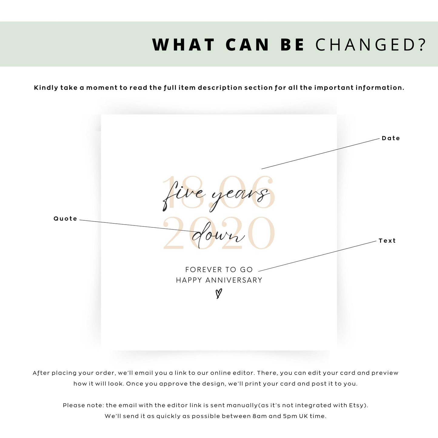 Minimalist five-year anniversary card featuring soft beige date, script text reading “Five Years Down”, and a small heart detail.