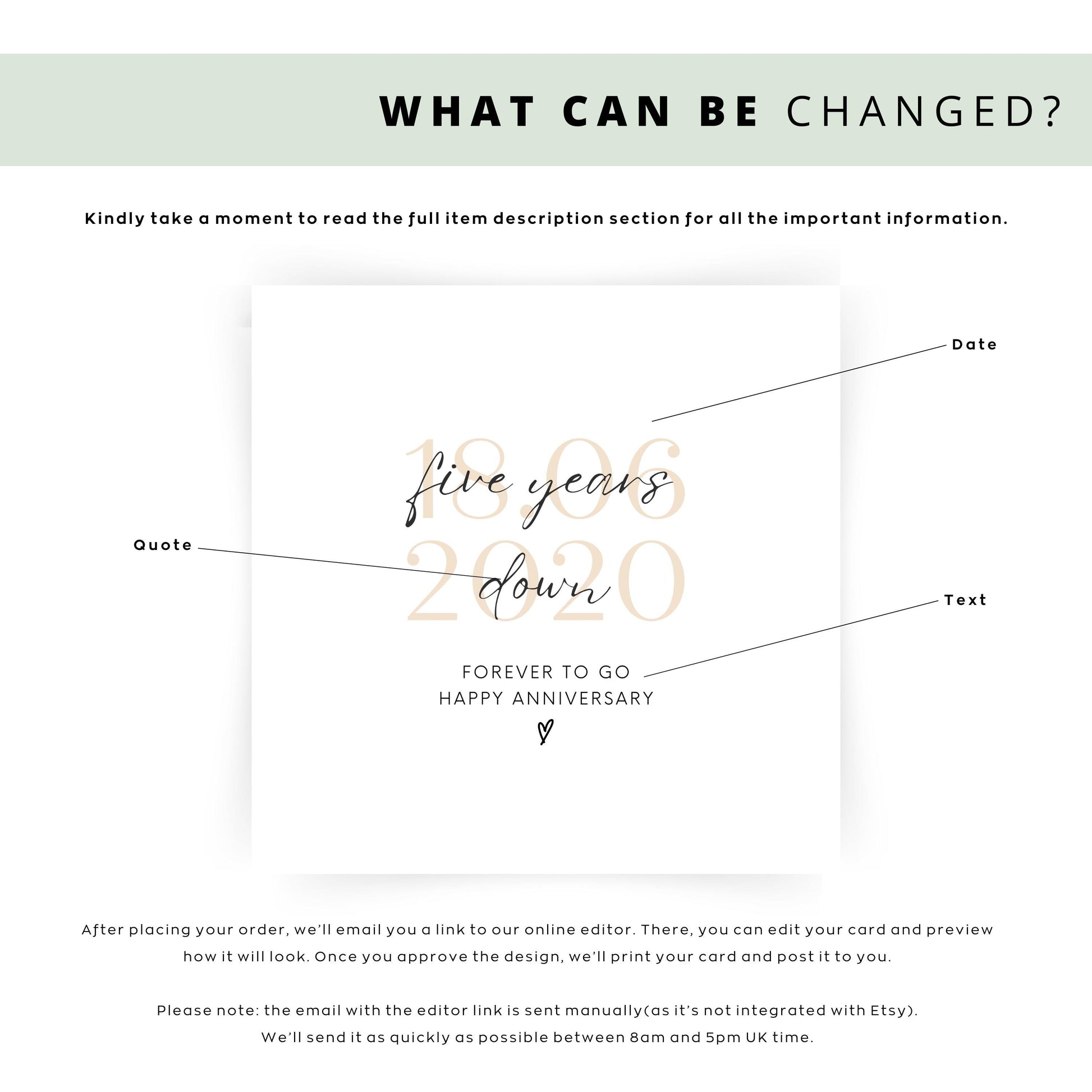 Minimalist five-year anniversary card featuring soft beige date, script text reading “Five Years Down”, and a small heart detail.