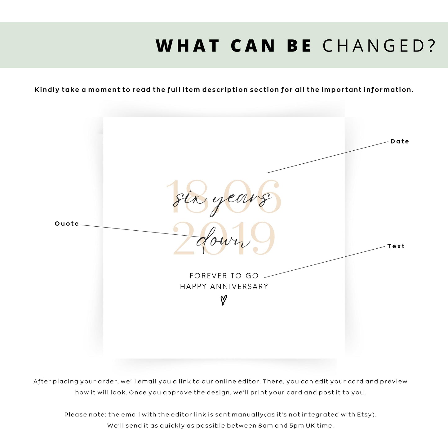 Personalised six-year anniversary card featuring soft beige date, script text reading “Six Years Down”, and a small heart detail.