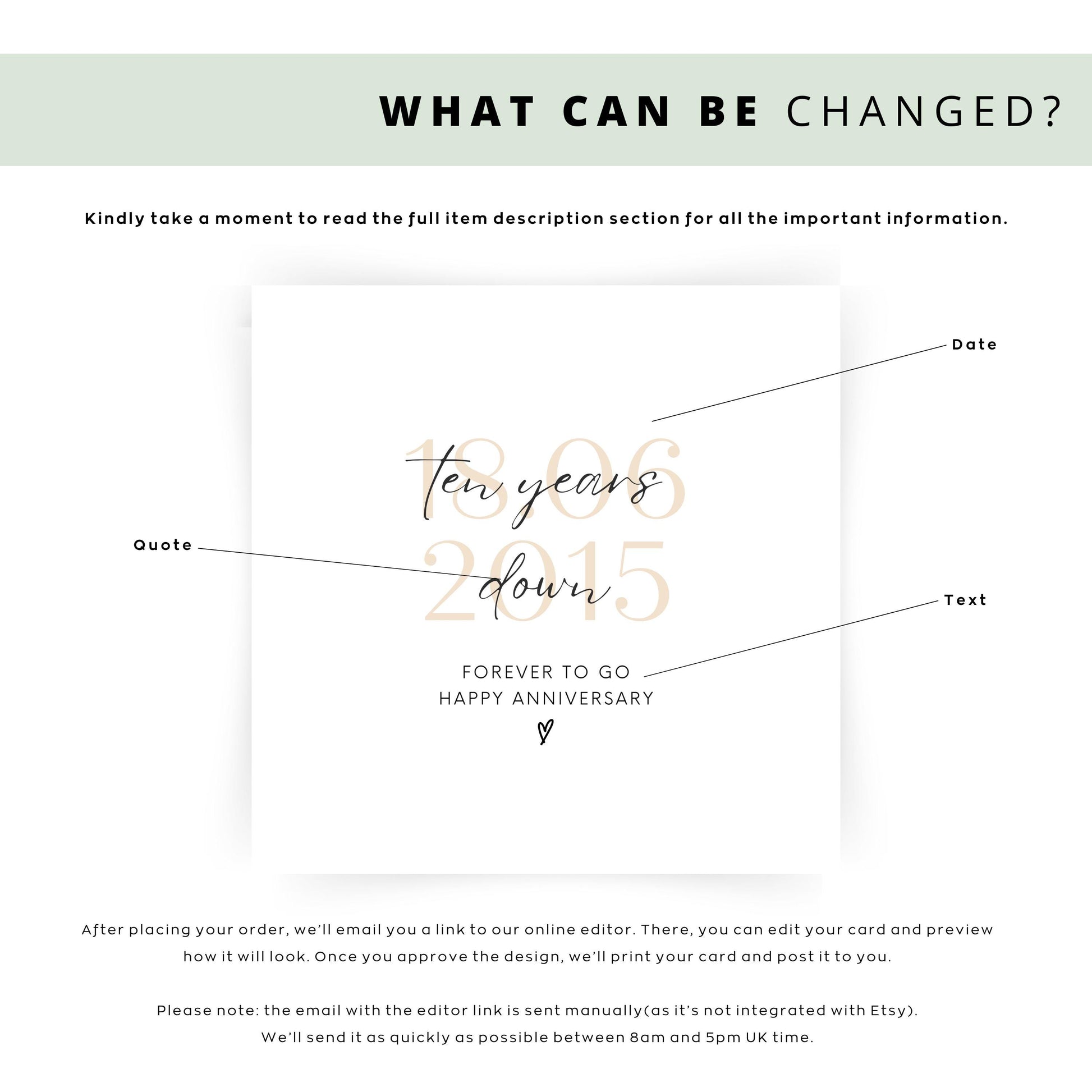 Personalised ten-year anniversary card featuring soft beige date, script text reading “Ten Years Down”, and a small heart detail.