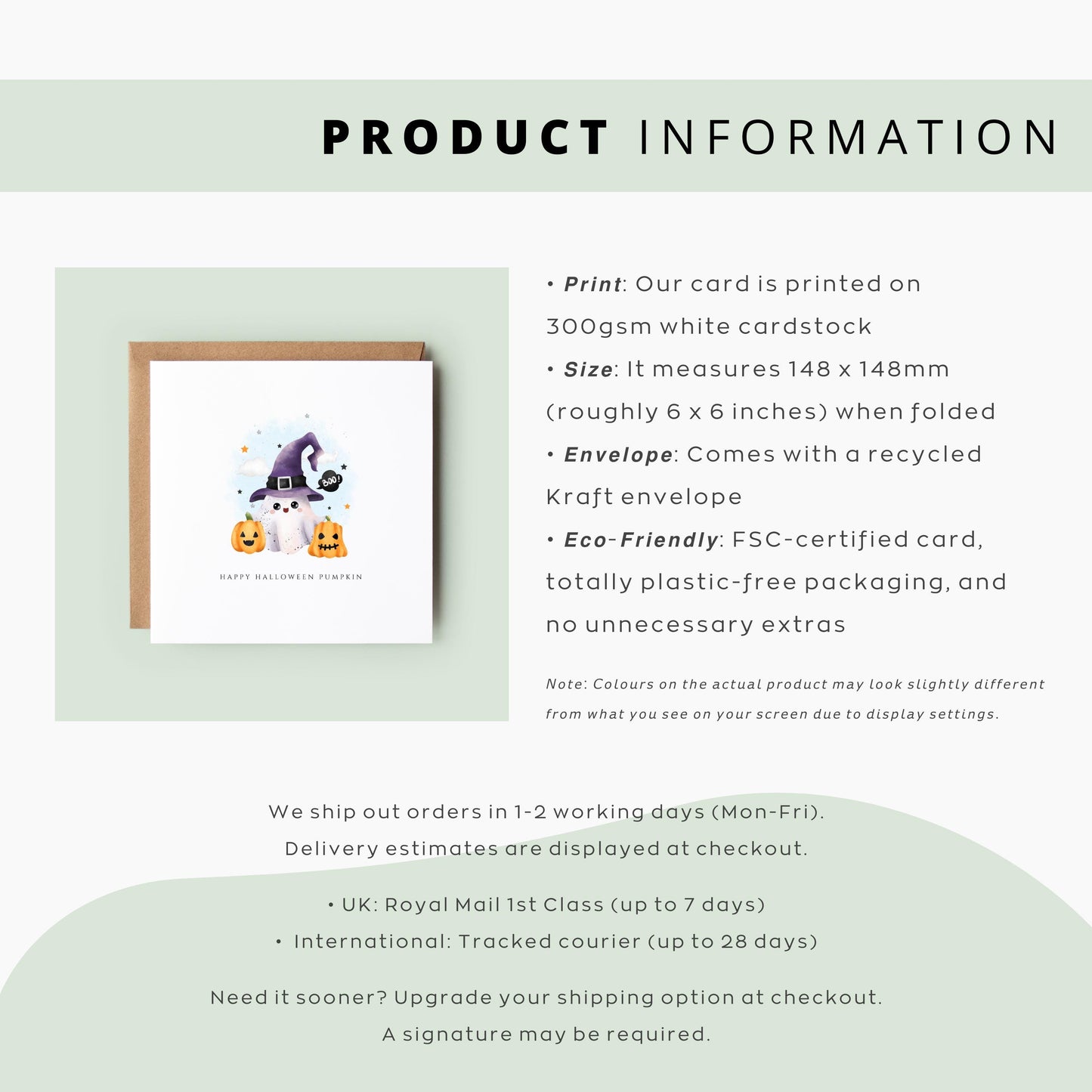 Cute Halloween card with ghost in a purple witch hat and two pumpkins, set against a soft pastel background.