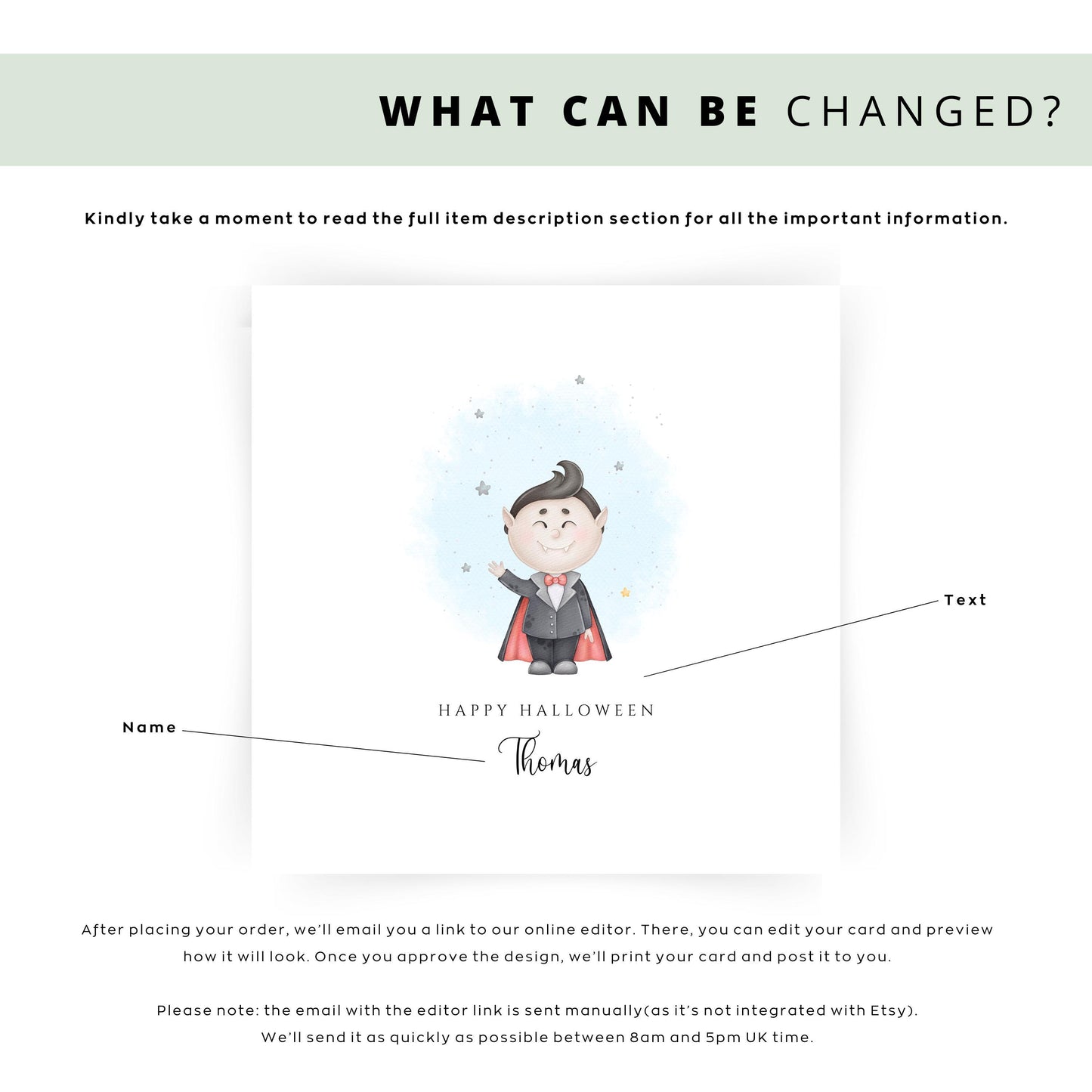 Personalised Halloween card with cute cartoon vampire character and custom name.