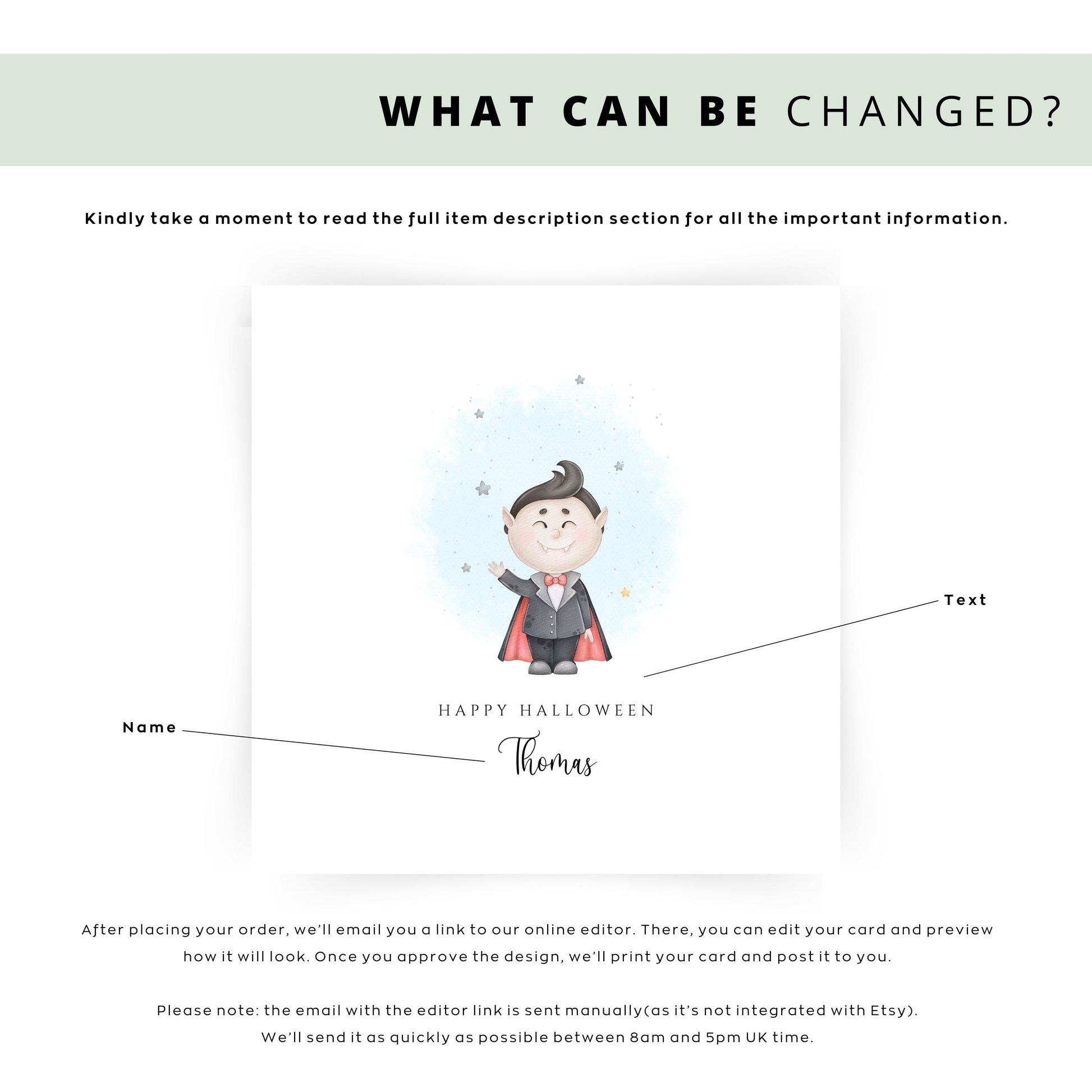 Personalised Halloween card with cute cartoon vampire character and custom name.