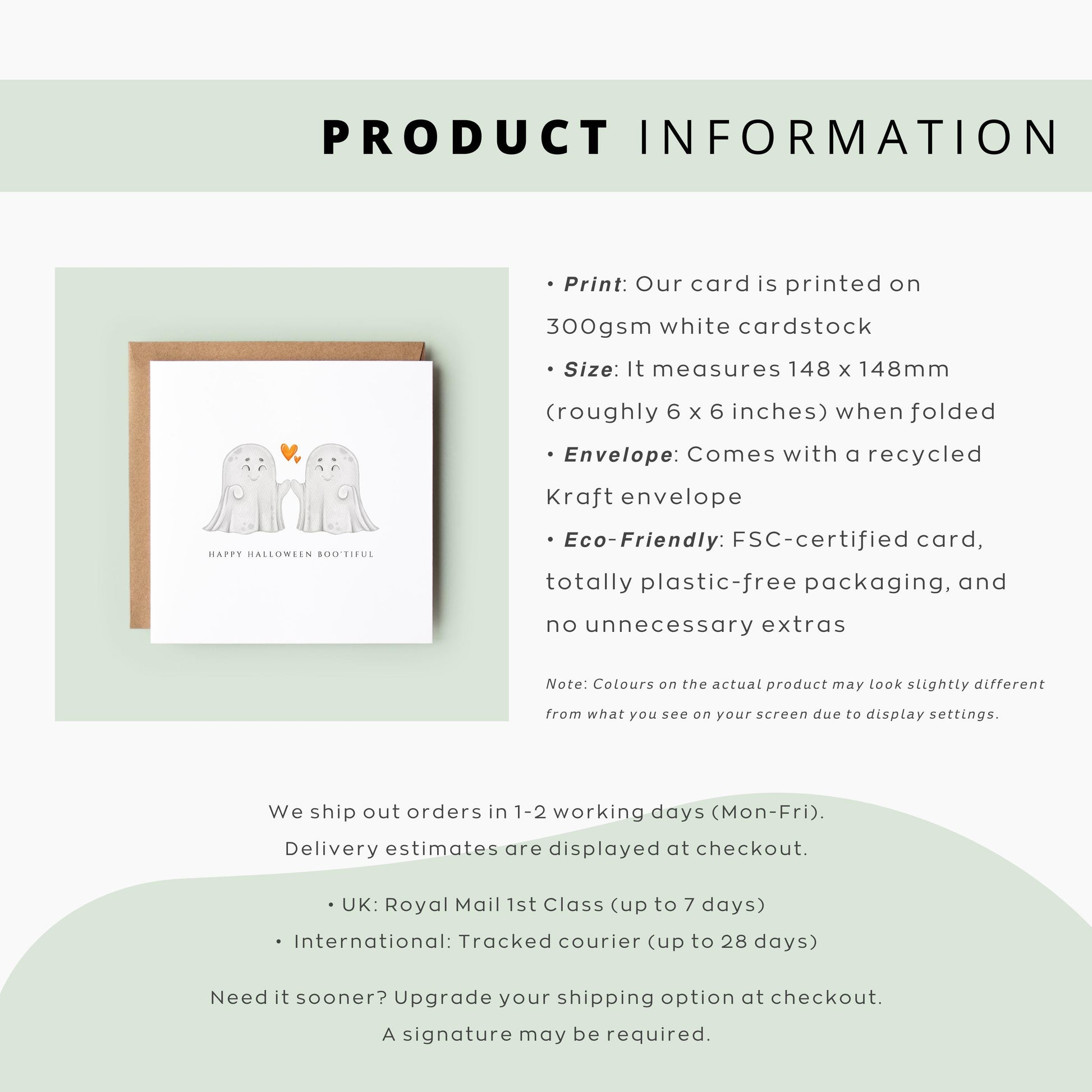 Halloween card with two cute ghost characters high-fiving and a heart above them, captioned “Happy Halloween Boo’tiful”.