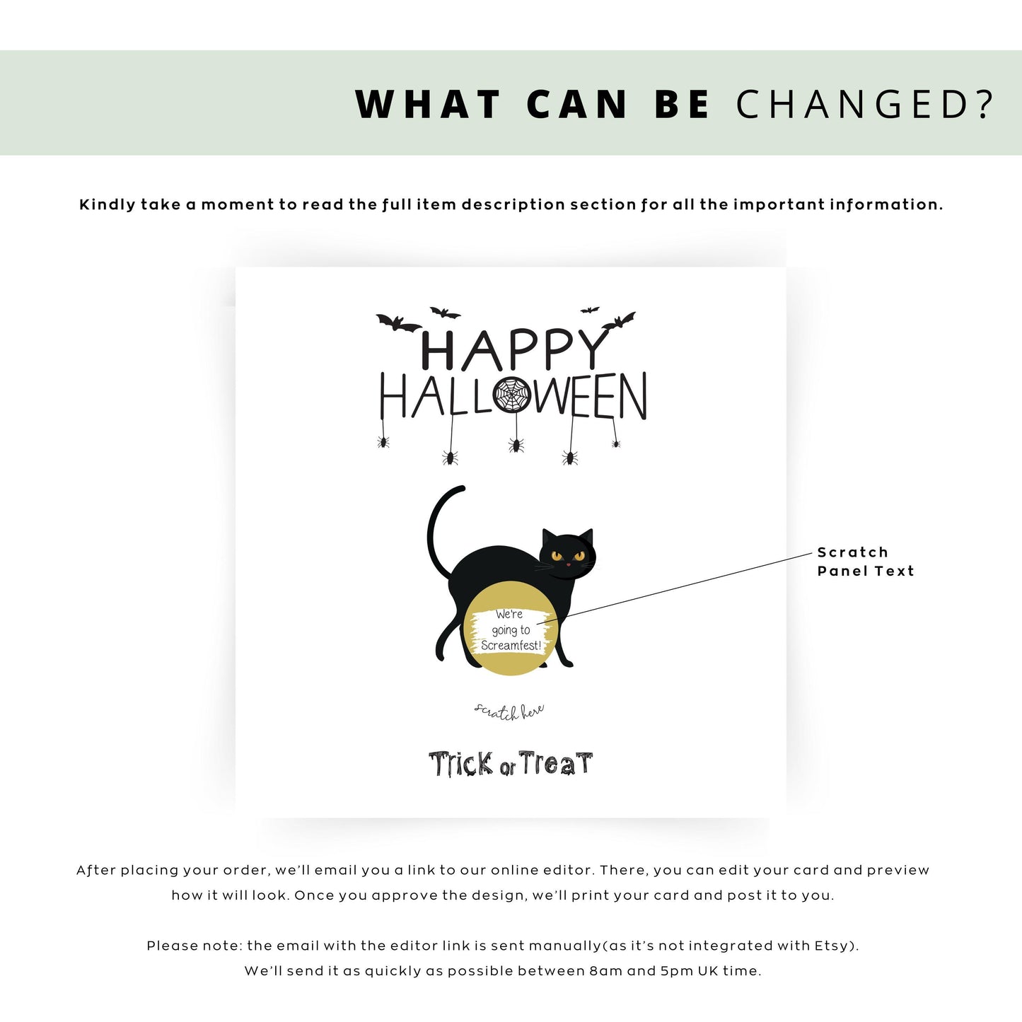 Halloween scratch card with a black cat and gold scratch-to-reveal area that uncovers a gift message.