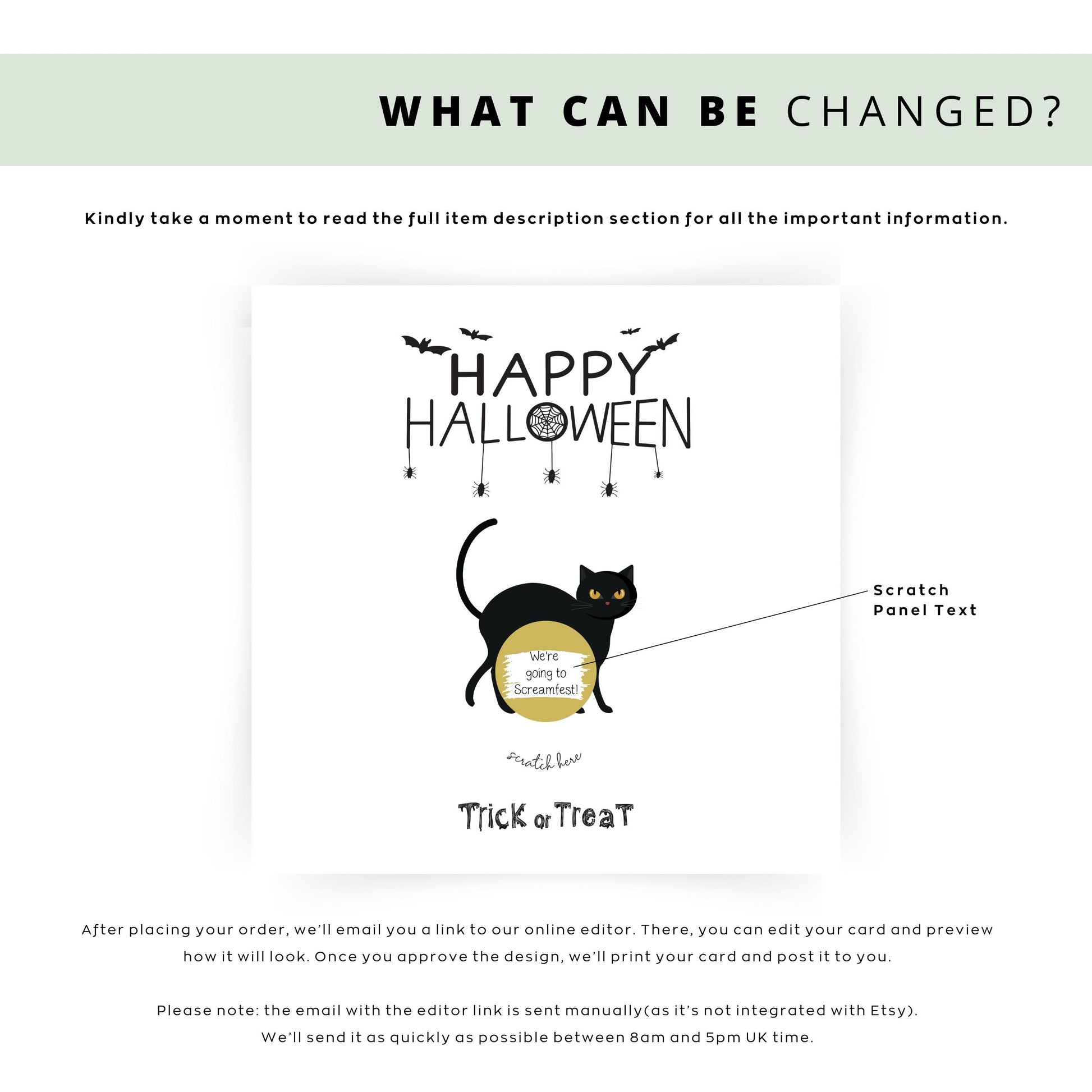 Halloween scratch card with a black cat and gold scratch-to-reveal area that uncovers a gift message.