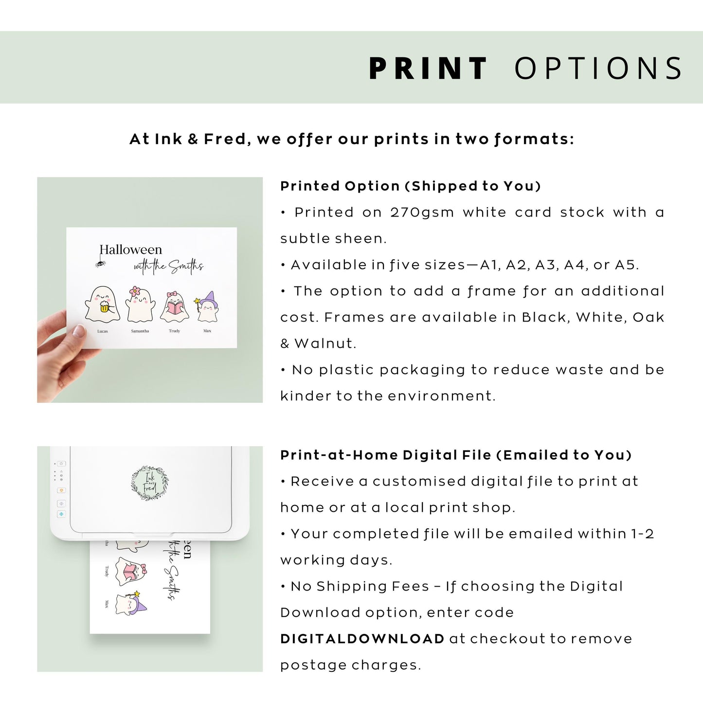 Personalised Halloween print with four cute ghost characters named Lucas, Samantha, Trudy, and Max, framed on a spooky decorated mantle.